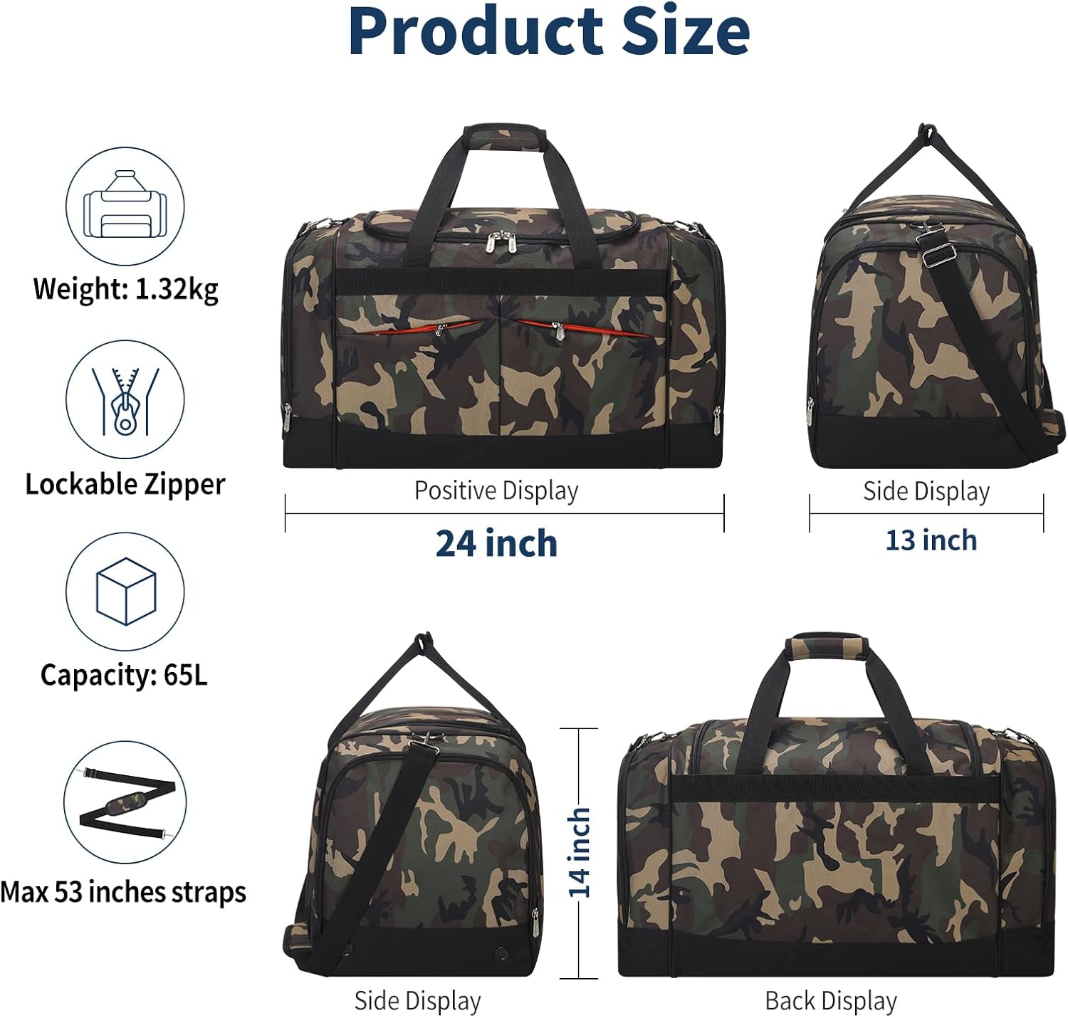 24 inch Large Gym Bag for Men - 65L Hard Bottom Duffle Bag with Shoes Compartment for Sport/Travel - Camo - Image 6