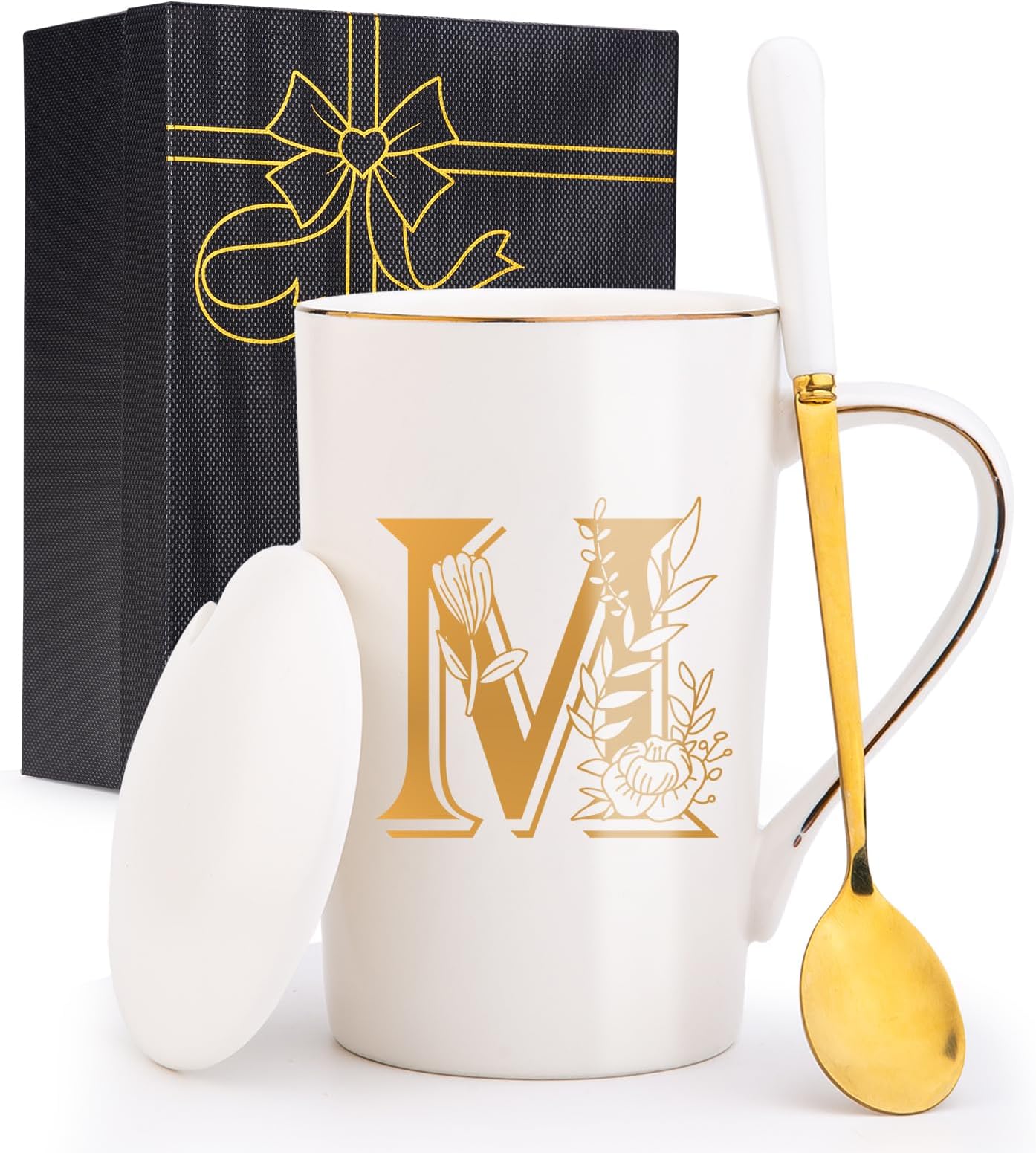 Letter M Personalized Initial Mugs with Flower, Letter M Personalized Coffee Mug, Customized Cool Letter Mugs for Women, Bridal Shower Gifts, Women's Initials Gifts Mug 14 OZ Matte White