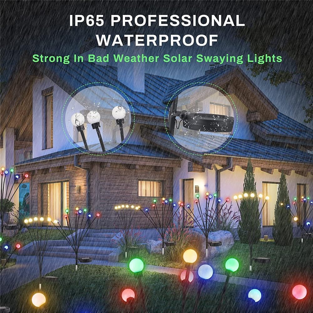8-Pack 64 LED Solar Swaying Lights Outdoor Solar Powered Firefly Lights Garden Decor Waterproof Pathway Light Wind Landscape Lights Warm Yellow for Pathway Lawn Patio Courtyard Decor (Warm White) image 5