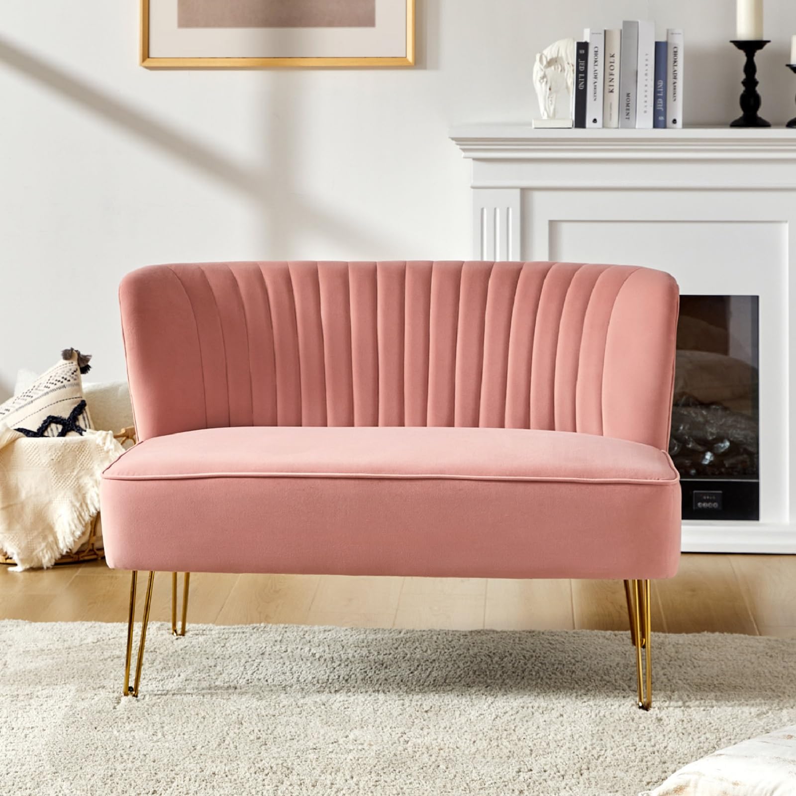 HULALA HOME 2 Seater Sofa, Velvet Upholstered Loveseat, Modern Couch with Golden Metal Legs for Living Room Apartment Small Spaces, PINK — image 1
