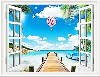 Vista 23 de Pintura autoadhesiva 3D, calcomanías de pared falsas para ventana, isla tropical con palmeras, mural de pared, vista de ventana, decoración de pared