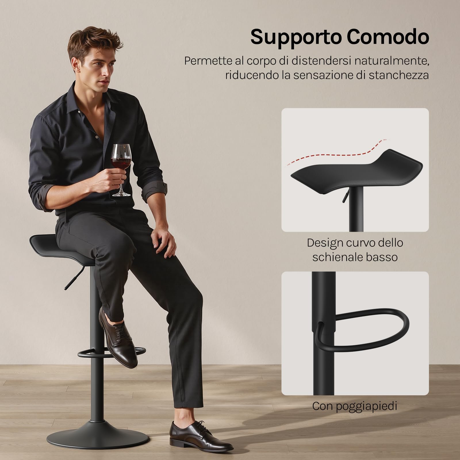 WOLTU Sgabelli da Cucina Set di 2, Sgabelli da Bar, Altezza Regolabile, Girevoli a 360°, PU, Struttura in Metallo, Soggiorno, Bar, Caffè, Nero+Nero