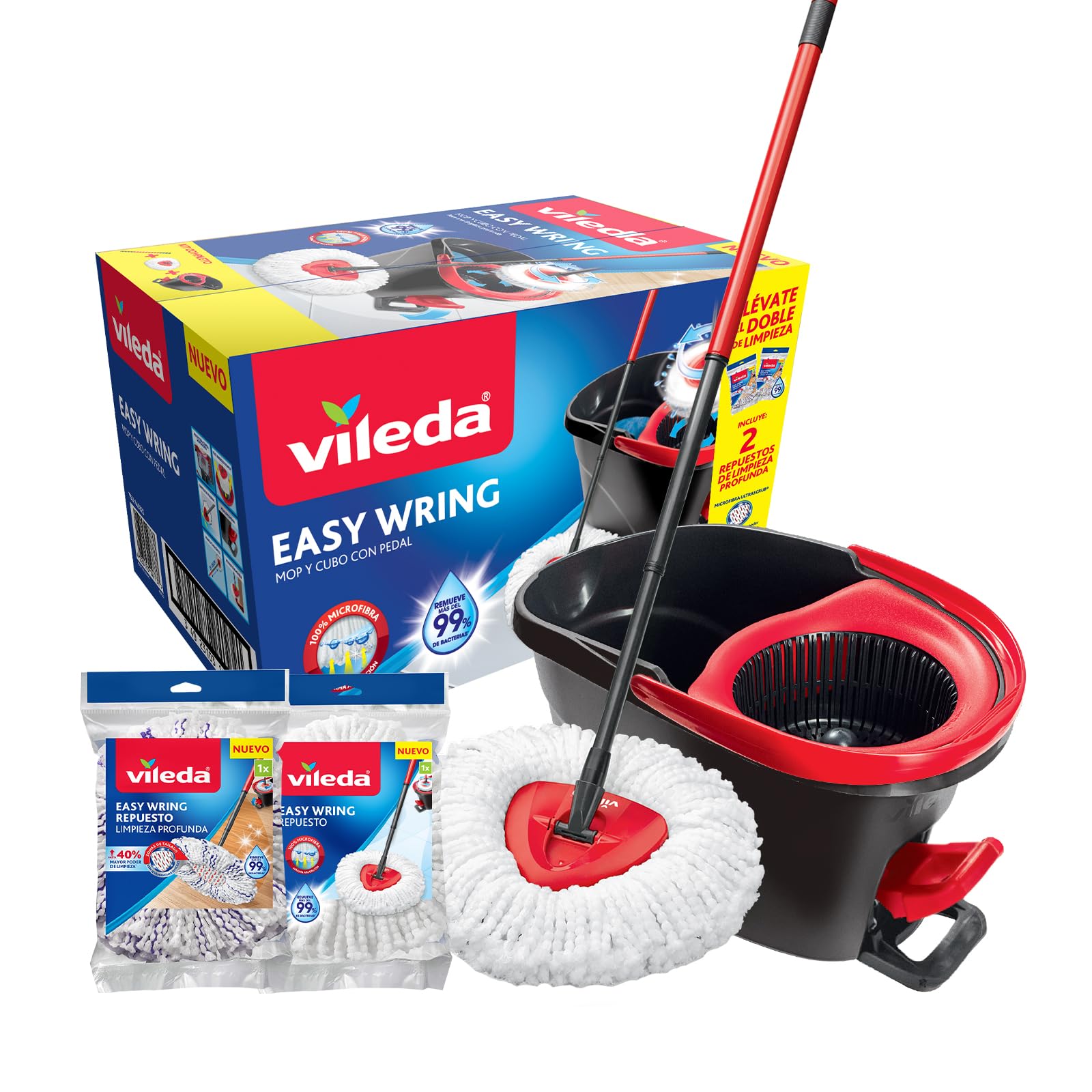 Vileda Easy Wring - Trapeador Microfibra y Cubeta con Pedal + Repuesto de Trapeador Limpieza Profunda