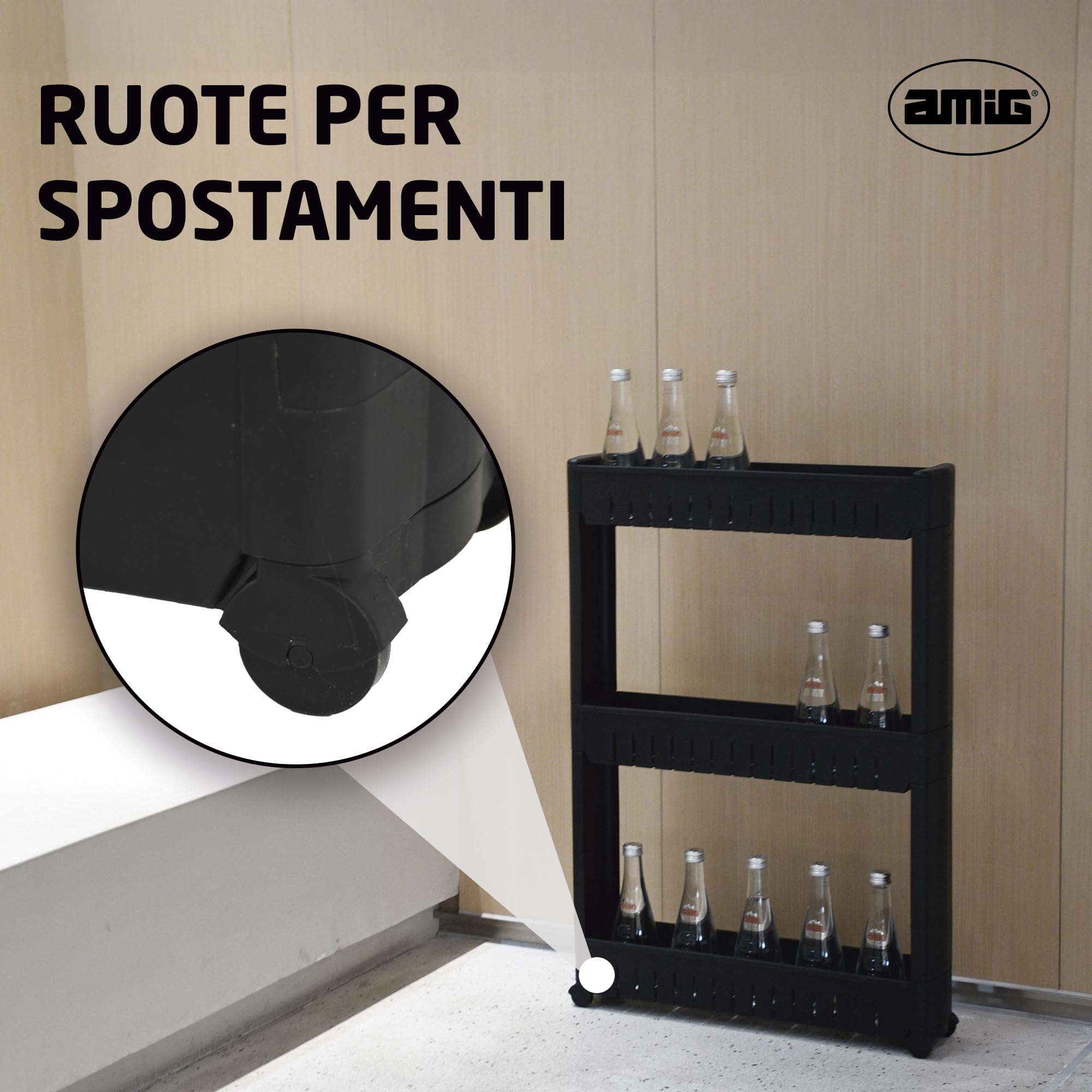Amig - Carrello stretto con ruote Böken - Nero - 54 x 12 x 78 cm - Carrello ausiliario per ripostiglio - Unità di stoccaggio a 3 livelli per bagno