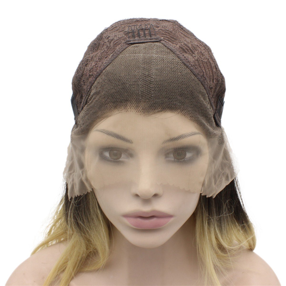 MX angel Medium Long Wavy Black Root Blonde Swiss Lace Front Wig Ombre