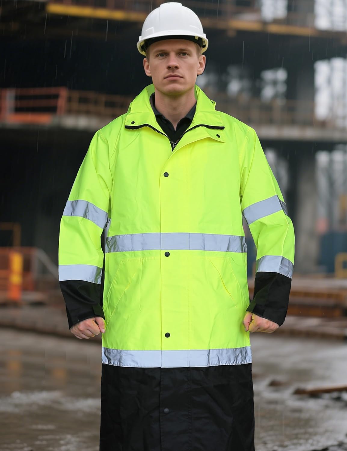 Ubon Men's Hi Vis Long Raincoat Waterproof Reflective Safety Rain Jacket High Visibility with Detachable Hood - Image 2