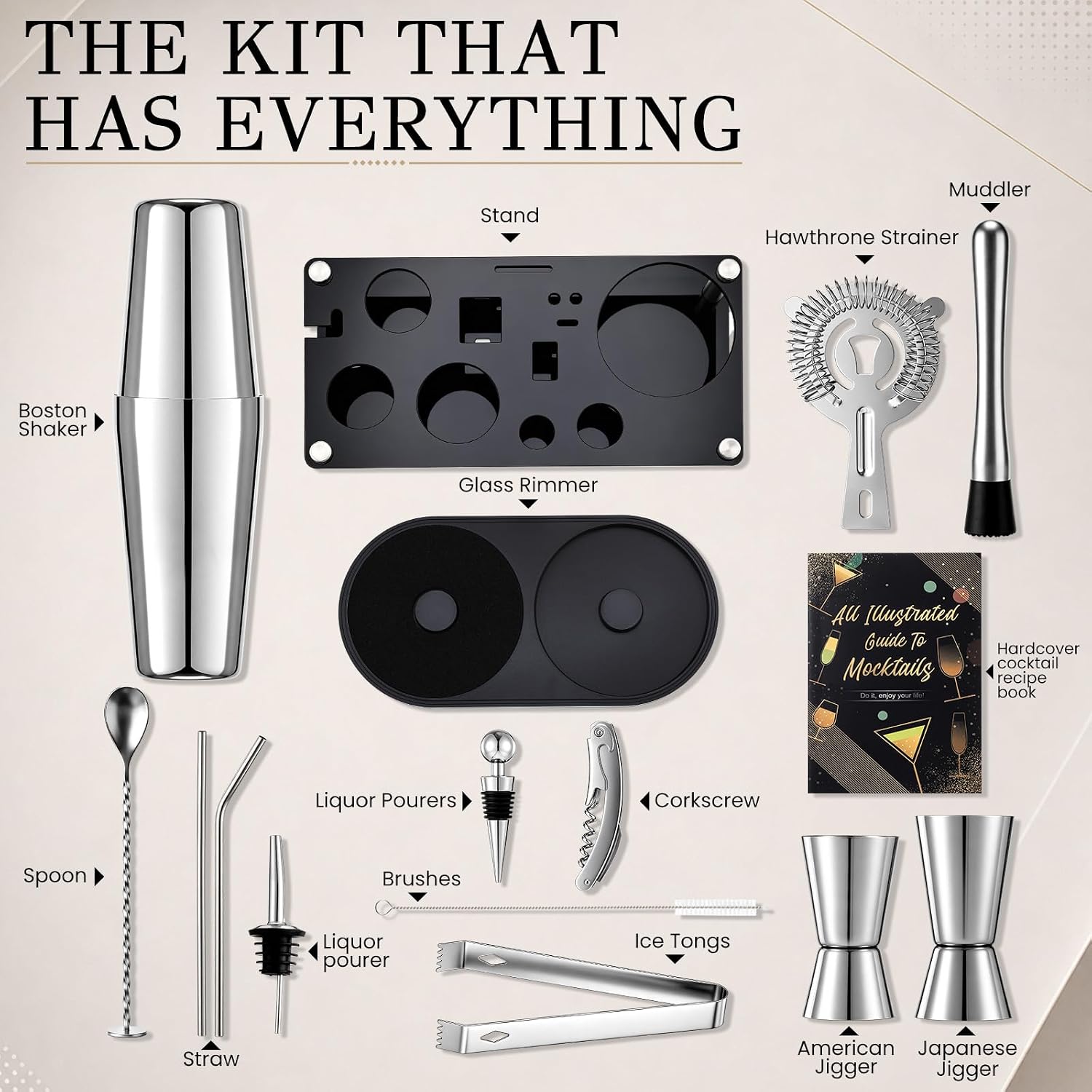 18 Pcs Cocktail Shaker Set Mixology Bartender Kit with Stand