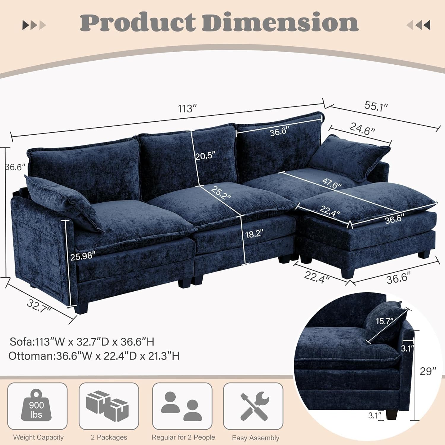 Modular Sectional Sofa, Comfy Cloud Couch with Movable Ottoman, 113" 3-Seat Convertible Couches, Deep Seat L Shaped Modular Sofa for Living Room, Apartment, Blue