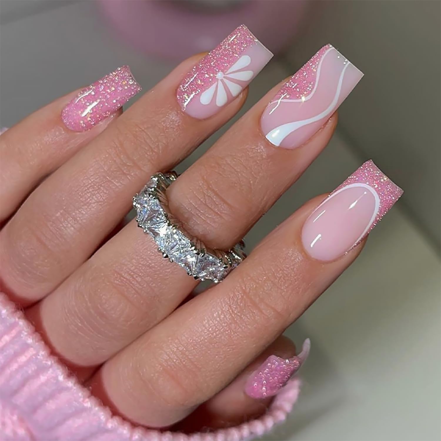 Square Press on Nails Medium Hot Pink Fake Nails Glitter Flower with line Design Pink French Tip False Nails Stick on Nails Full Cover Artificial Glue on Nails for Women DIY Nails Art Decoration 24Pcs