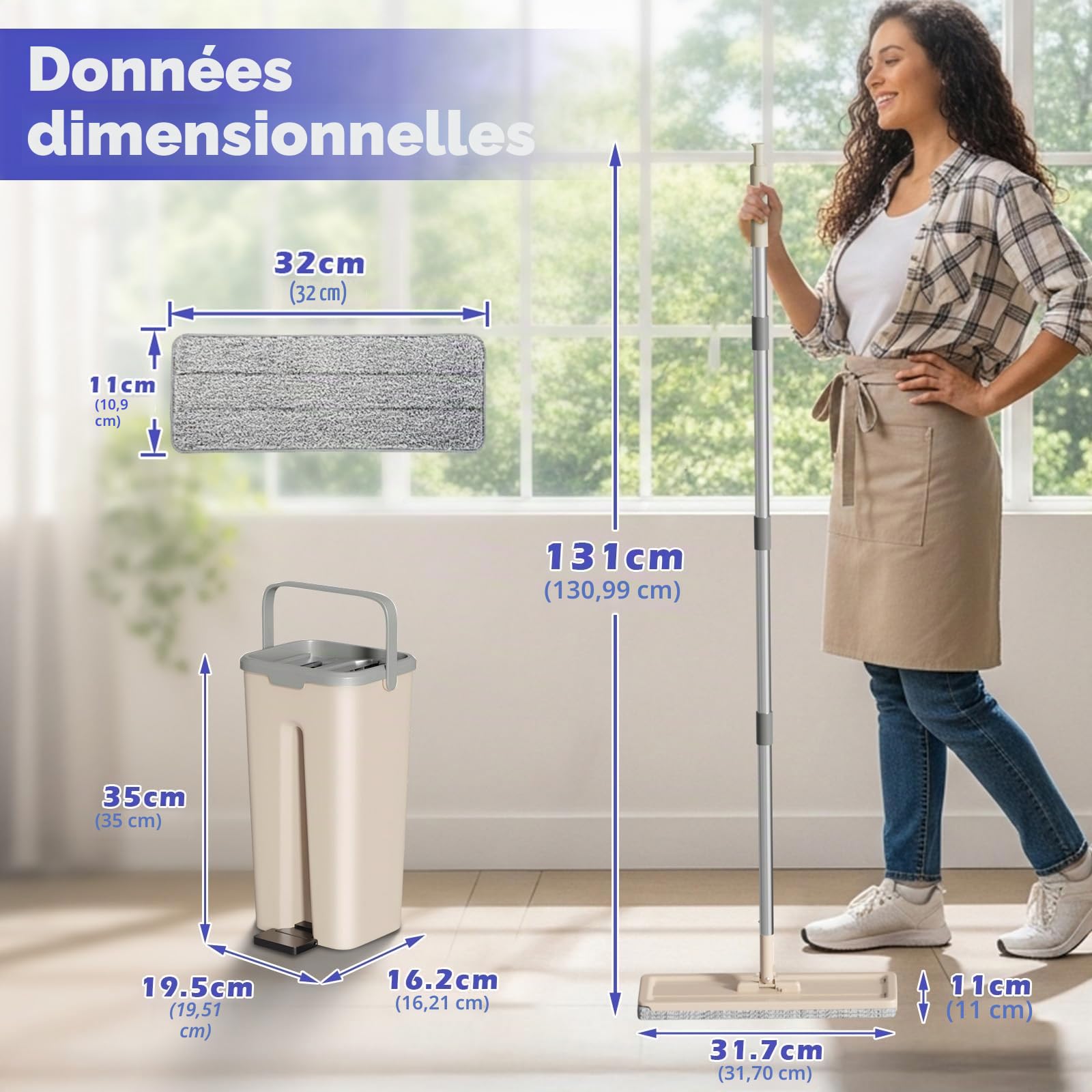 Balai serpillère avec seau plat rotatif à 360 ° avec 3 serpillères réutilisables 2 en 1, seau à serpentin mains libres pour nettoyer tous types de sols