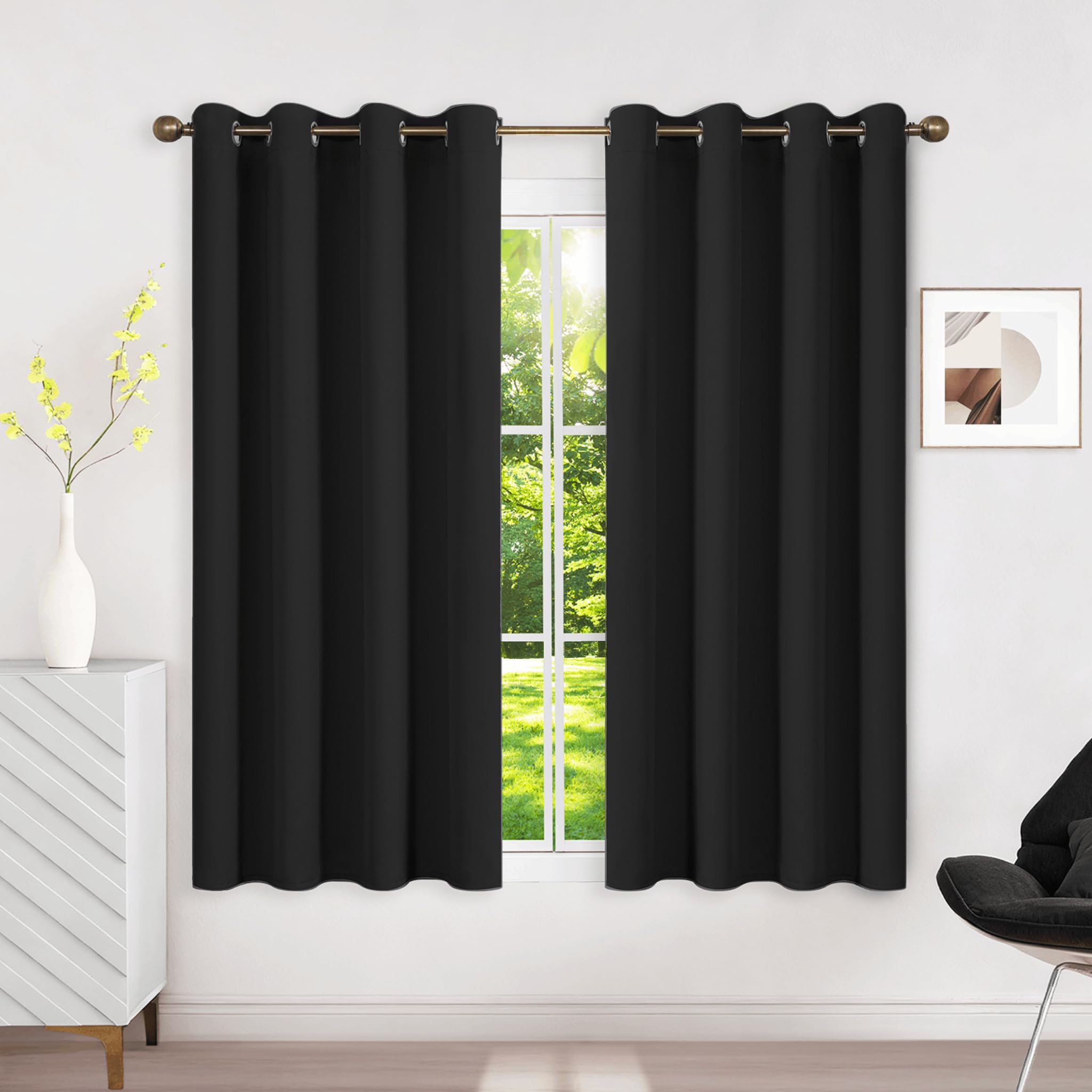 Runyéla Blackout Curtains for Bedroom Eyelet 52 x 54 Inch Drop Thermal Black Out Curtain for Living Room, 2 Panels, Black