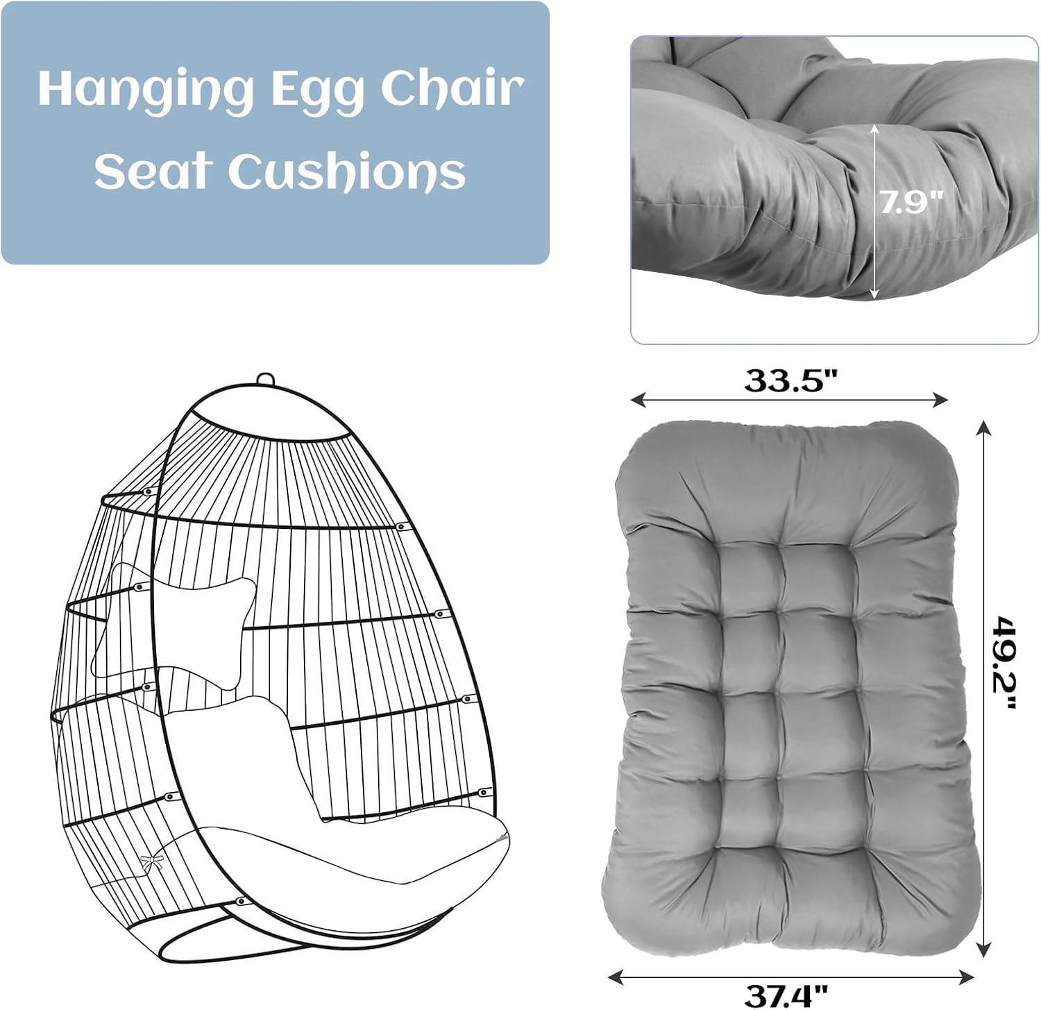 Outdoor Egg Chair Cushion, 7.9in Thick Hammock Swing Chair Cushions, Waterproof Hanging Chairs Cushion Replacement for Patio Porch Furniture (Light Gray)