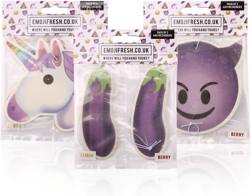 Emoji Fresh | Car Airfreshers 3 MultiPack 6 Car Air Freshener | Long Lasting Berry Cola and Lemon Cola Freshner Scents | Devil Aubergine and Unicorn Emojis Air Freshers from Emoji Movie Popular Gift
