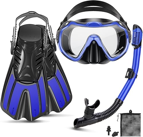 Equipo de esnórquel para adultos, 4 en 1 tamaño de viaje, juego de aletas de esnórquel con vista panorámica, máscara antivaho con parte superior