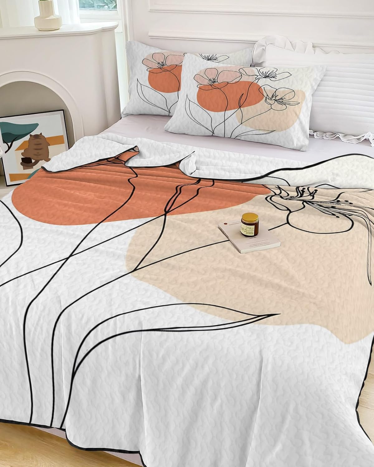 Queen Size Quilt Set, Abstract Flower Art Lightweight Bedspread Coverlet Set Soft Microfiber Summer Quilt with 2 Pillow Shams, Floral Line Color Blocks 3 Piece Comforter Bedding Set