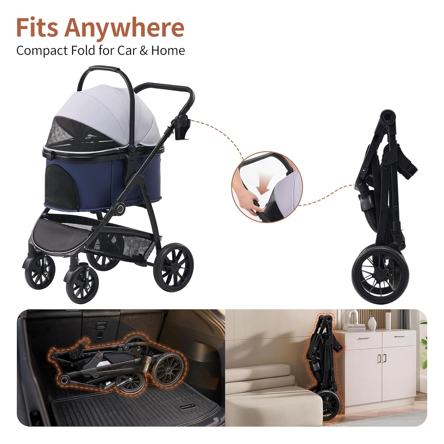 3-in-1 Pet Stroller for Medium Dogs & Cats, Detachable Aluminum Frame Carrier, All-Terrain 4-Wheel Dog Travel Carriage, Shock Absorption, Easy-Entry Low Door, Max 55lbs - Blue Grey