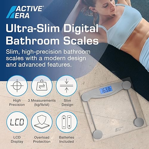 Miniatura 2 de Active Era Báscula digital de peso corporal, báscula de baño ultradelgada de alta precisión con vidrio templado, tecnología Step-on y pantalla
