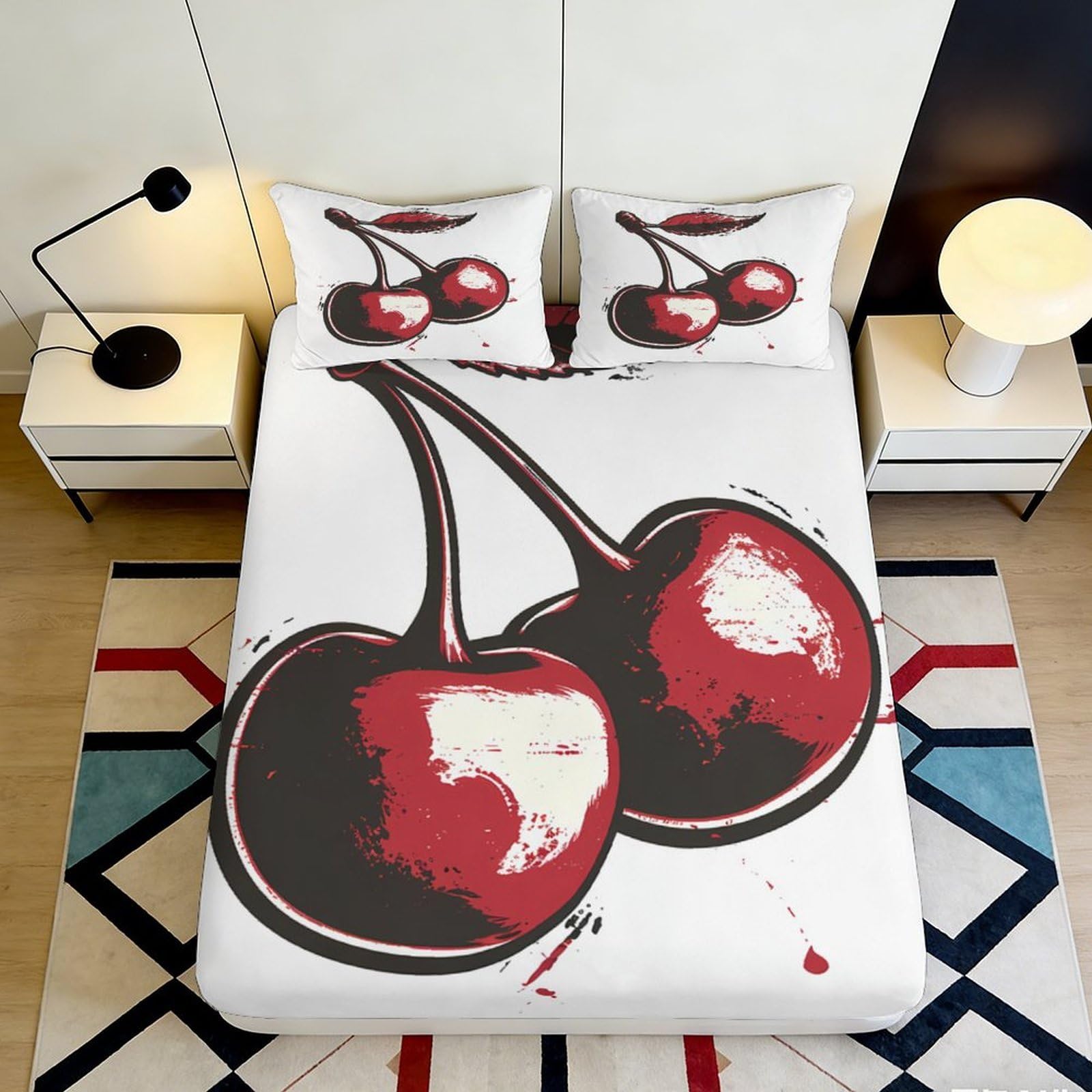 3D Printed Cherry Fitted Sheet Microfiber Soft Breathable Red Fruit Bed Cover for Bedroom Dormitory Guest Room Mattress Protection Decor 200x200x25cm