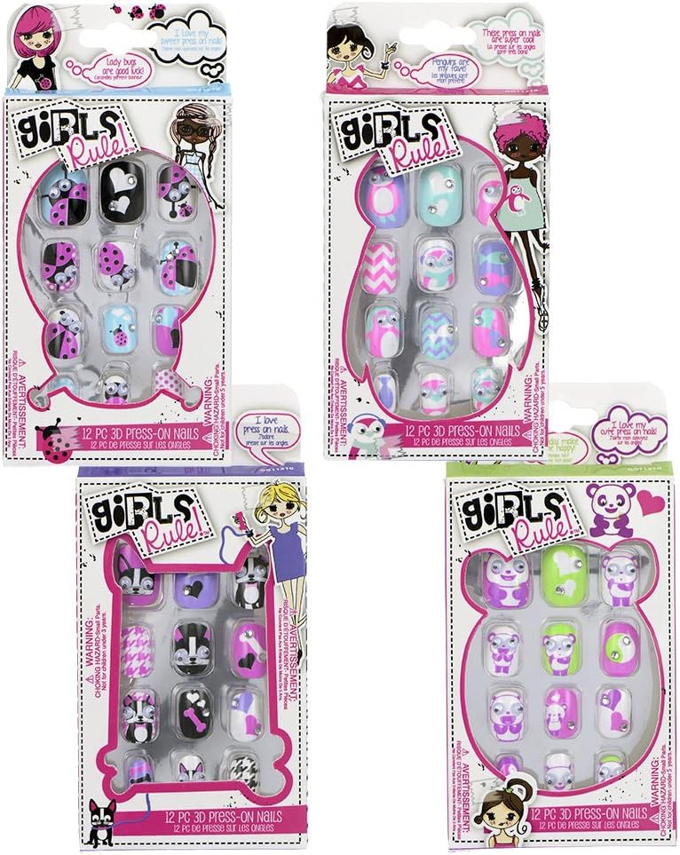 Girls Rule! 3D Press On Nails-4 Styles, 12 Count