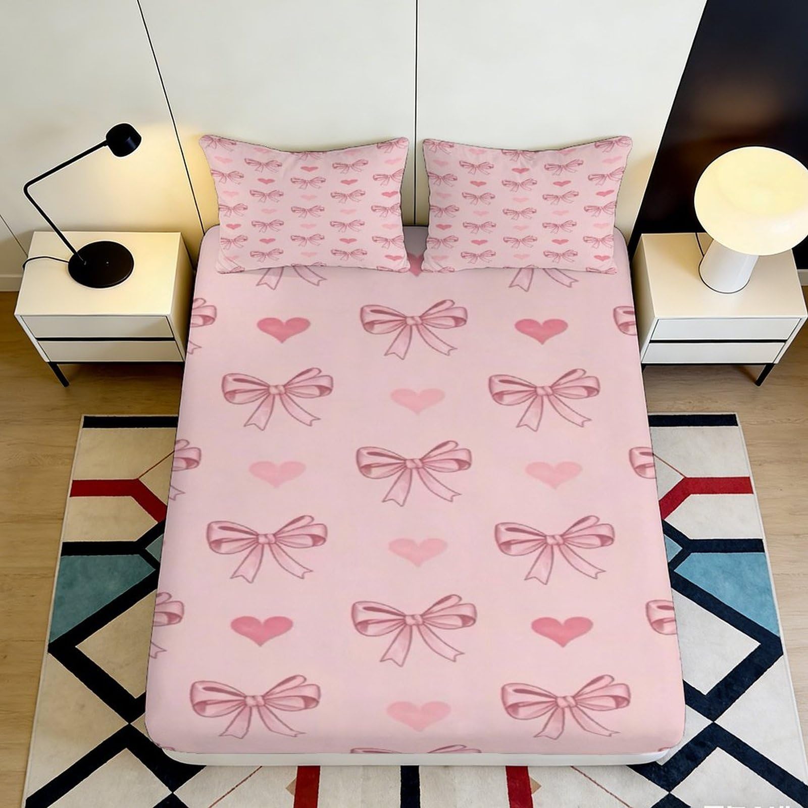 Uxinyoume Style-9 3D Printed Pink Bow Fitted Sheet Microfiber Soft Heart Bed Cover For Bedroom Guest Room Dorm Mattress Protection Decor 90X200x25cm