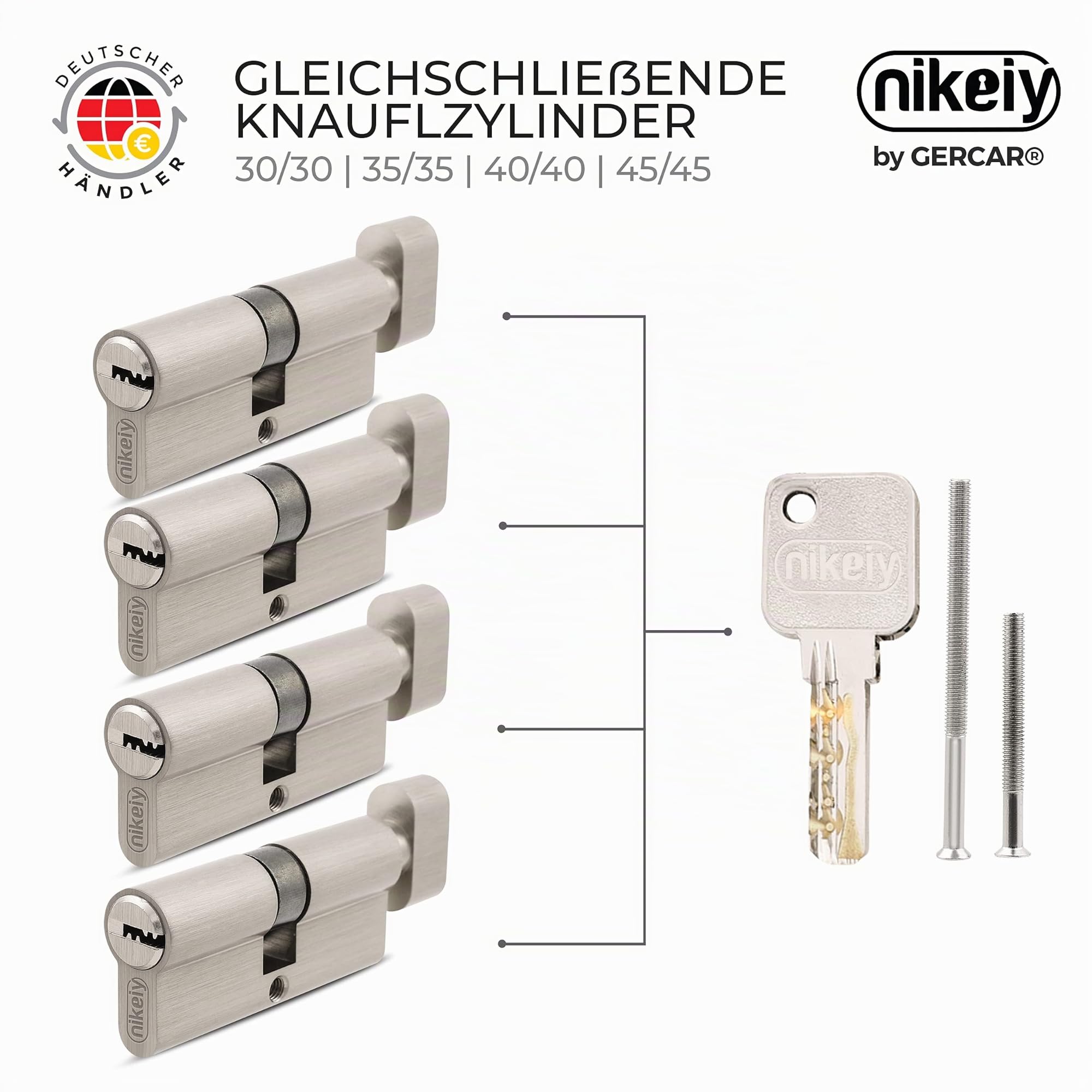 GERCAR Lot de 4 cylindres de serrure à bouton - 30/30 - En laiton nickelé mat - Avec 10 clés réversibles - Longueur : 60 mm, A : 30 B : 30 - 4 x