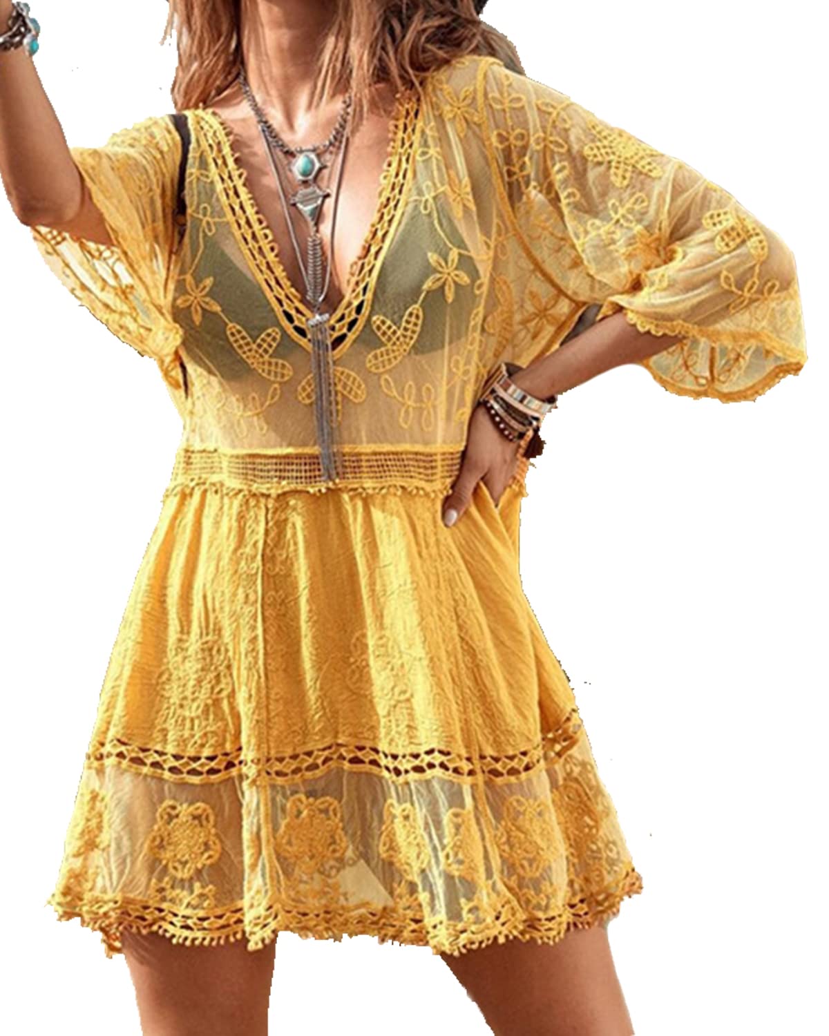 Mzsylk Women's Yellow Beach Dresses Crochet Lace Bikini Cover Up See Through Hollow Out Floral Beachwear 3/4 Sleeve