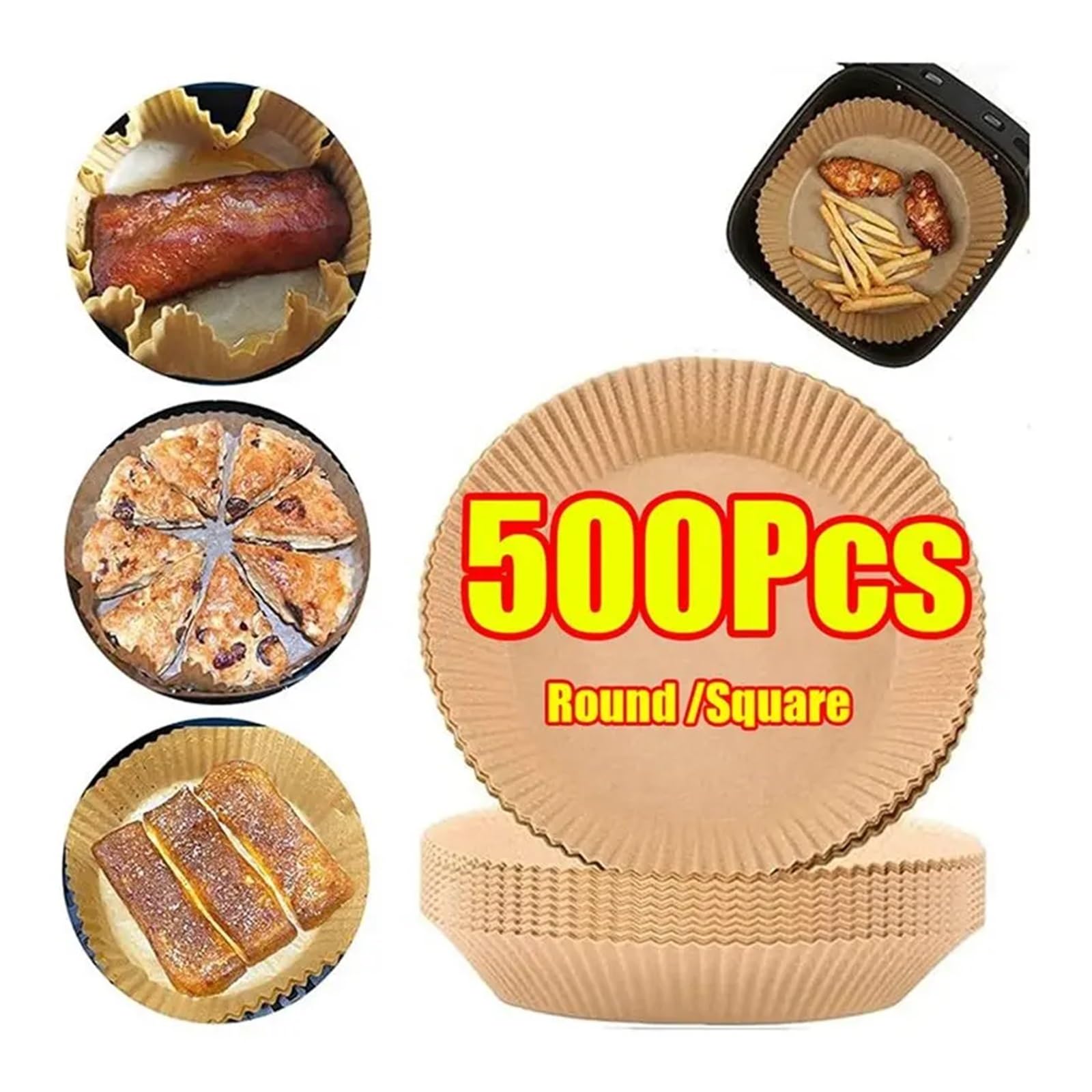 500 Airfryer Einwegpapier, Backmatte quadratisch rund | Ölpapier für quadratische und runde Airfryer, mikrowellengeeignet, zum Rösten