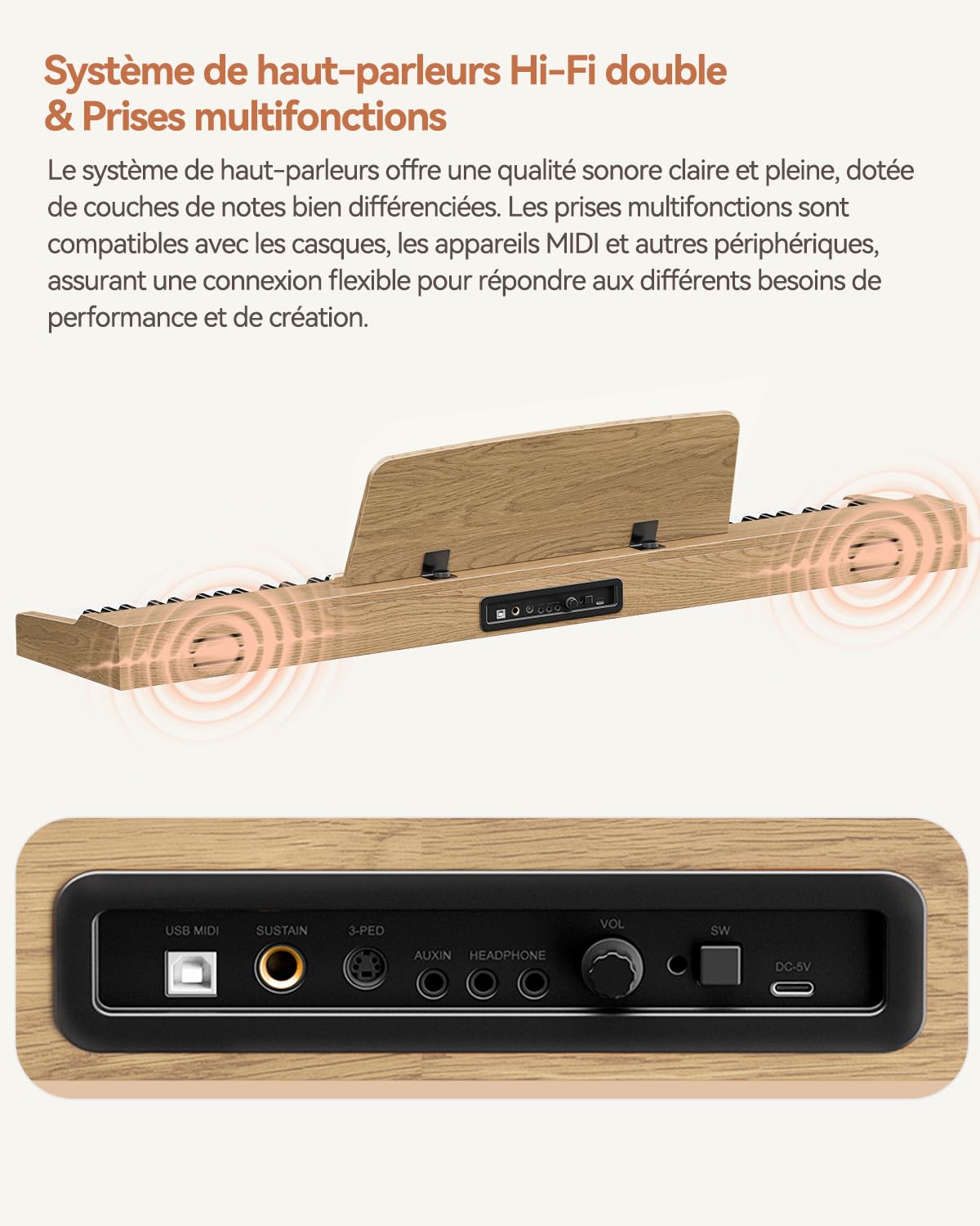 Rhymo Piano Numérique 88 Touches Semi-Lestées avec Support - Clavier Pleine Taille, Bluetooth Audio/MIDI, Mode Dual Player, Haut-parleurs 20W, Entrée Micro, Triple Pédale (couleur bois naturel)