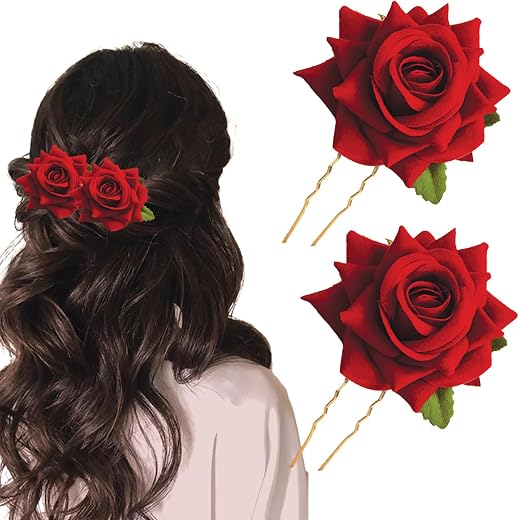 TEMPERIA (2pcs) Hair Accessories For Women & Girls - Stylish Red Rose Artificial Flowers Bun Juda U Pins & Clips for Style...