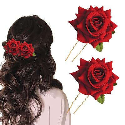TEMPERIA (2pcs) Hair Accessories For Women & Girls - Stylish Red Rose Artificial Flowers Bun Juda U Pins & Clips for Sty