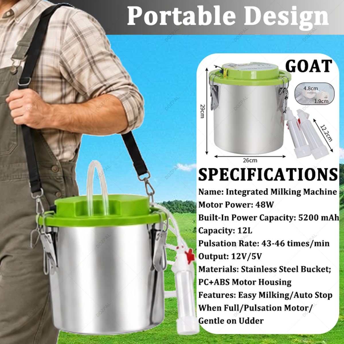 Mungitrice Portatile per capre da 8L/12L, Attrezzatura di mungitura Ricaricabile Tutto in Uno per Uso Domestico e agricolo, con Secchio in Acciaio Inox, Arresto Automatico della mungitura 12L