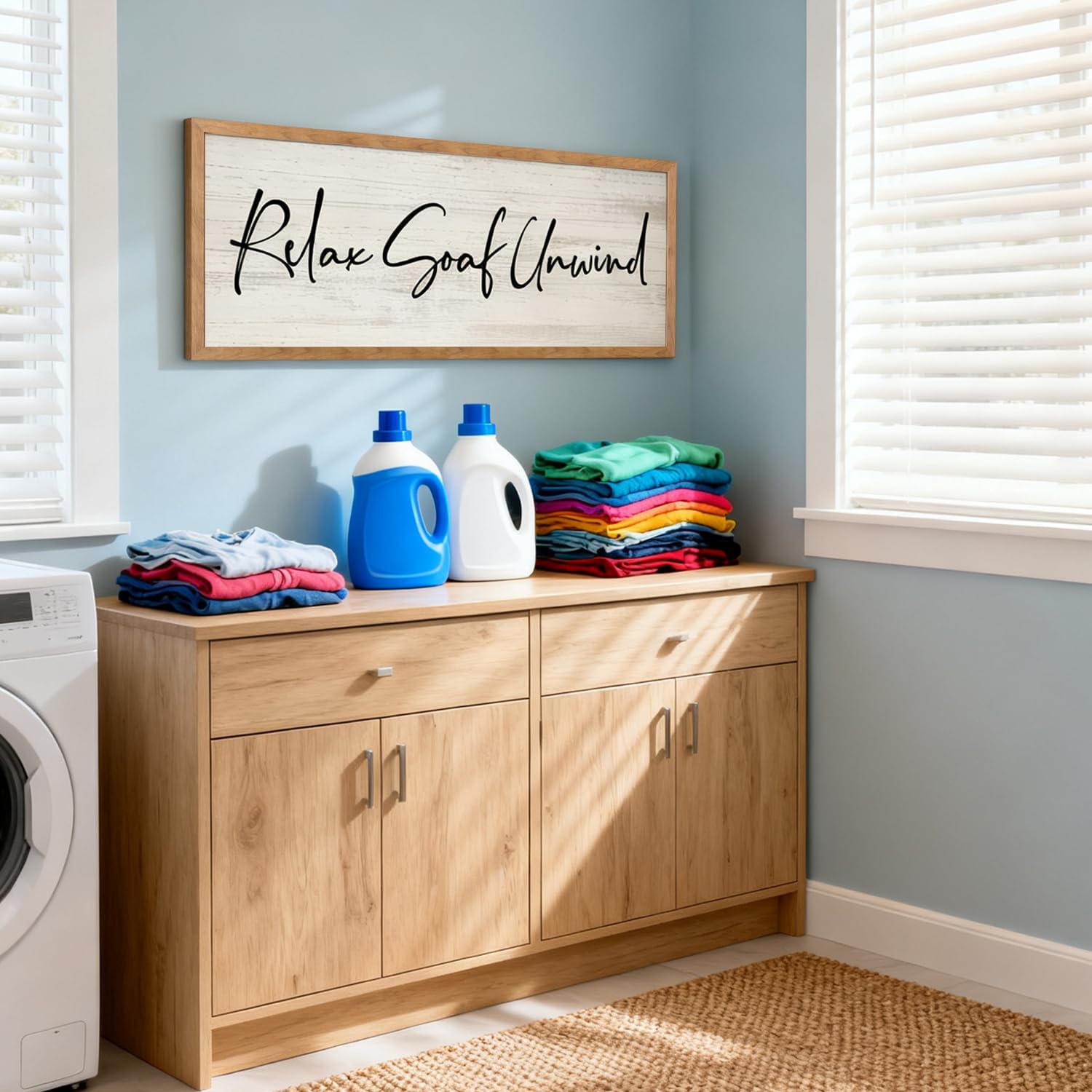 Relax Soak Unwind Signs Bathroom Wall Decor, 32x12 Inch Wood Framed Bathroom Wall Art Relaxing Bath Time Wall Decoration, Farmhouse Laundry Room Decor Long Plaque for Wash Room Wall, Natural