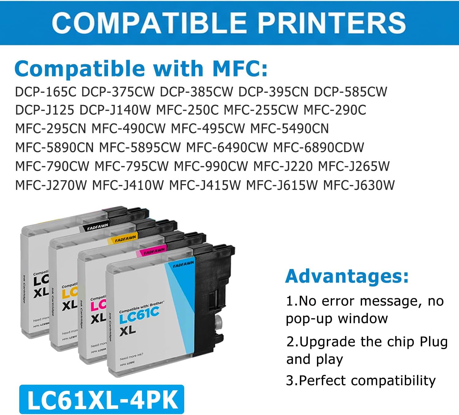 LC61XL LC61 Ink Cartridges High Yield 4-Pack (BK/C/M/Y) - Replacement for Brother LC61 LC65 XL Ink Cartridges Work with MFC-J615W MFC-5895CW MFC-290C MFC-5490CN MFC-790CW MFC-J630W Printer