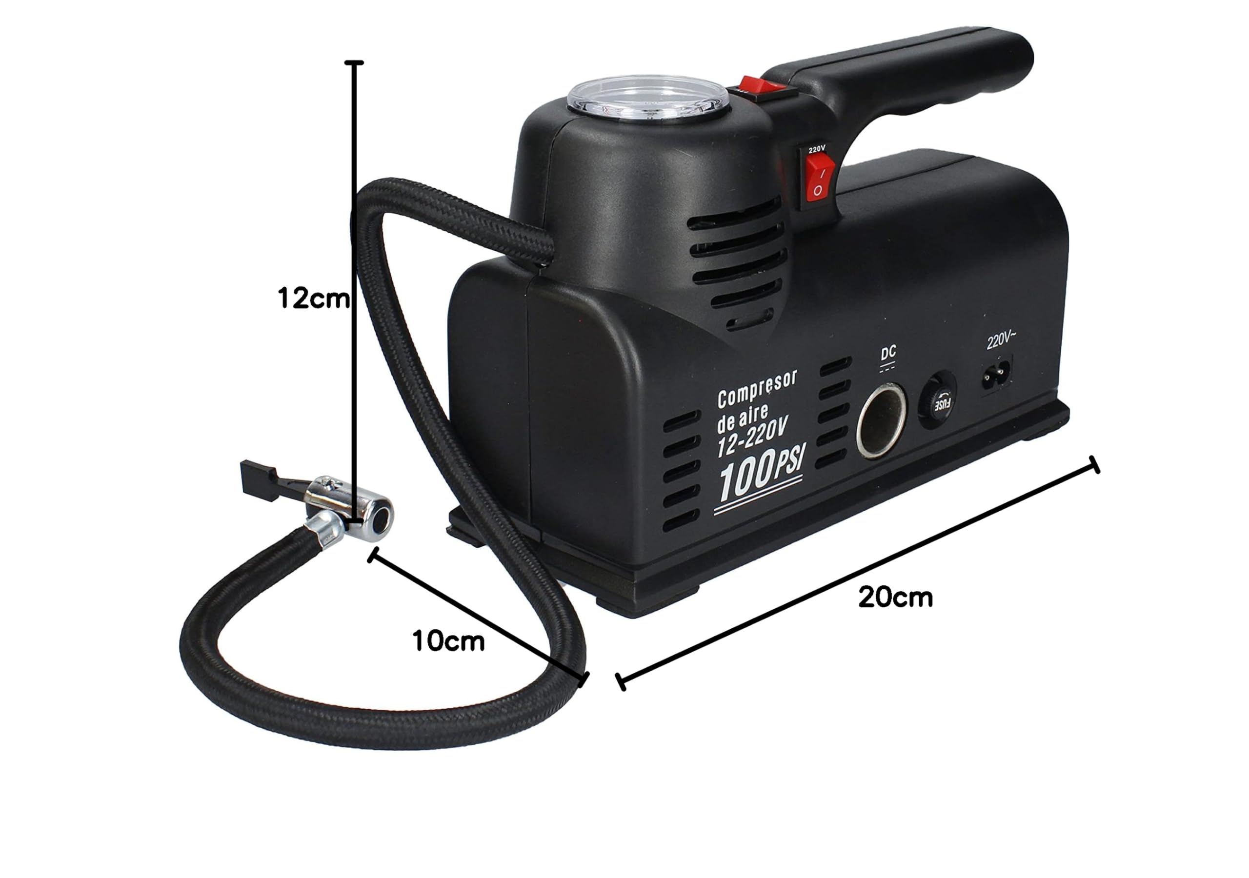Ferrestock CA105 Mini kompresor samochodowy, DC 12 V i 220 V z wbudowanym manometrem