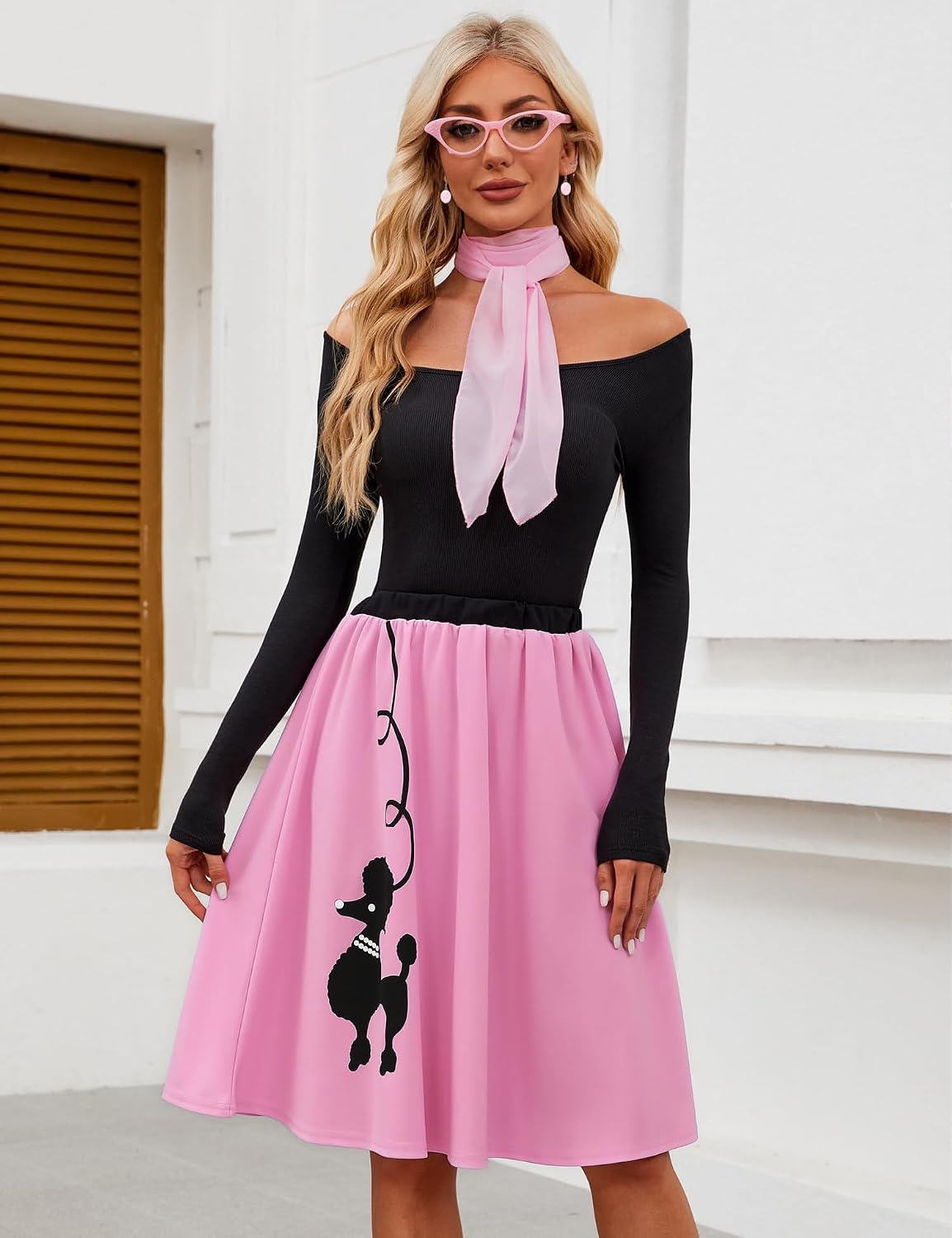 Womens Poodle Skirts 1950s Outfits Adult Halloween Costumes 2026 with Scarf Glasses Vintage Earring Skirts 4 Pcs Set