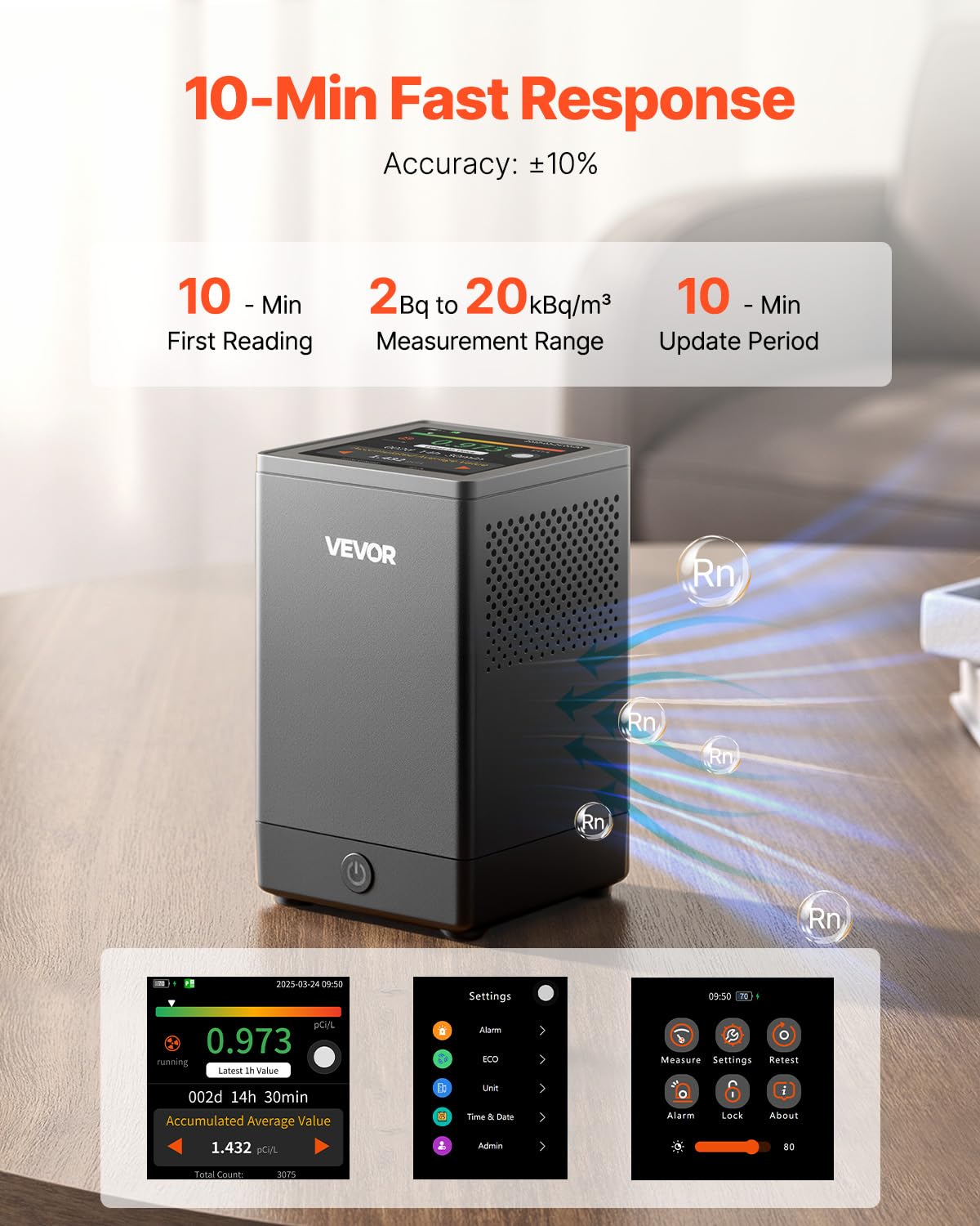 VEVOR Détecteur de Radon Domestique, 0,054-540 pCi/L, Écran LCD Couleur Affichage Temps Réel, Surveillance à Court et Long Terme, Prise en Charge de Plusieurs Périodes Détection, Alimenté par Batterie