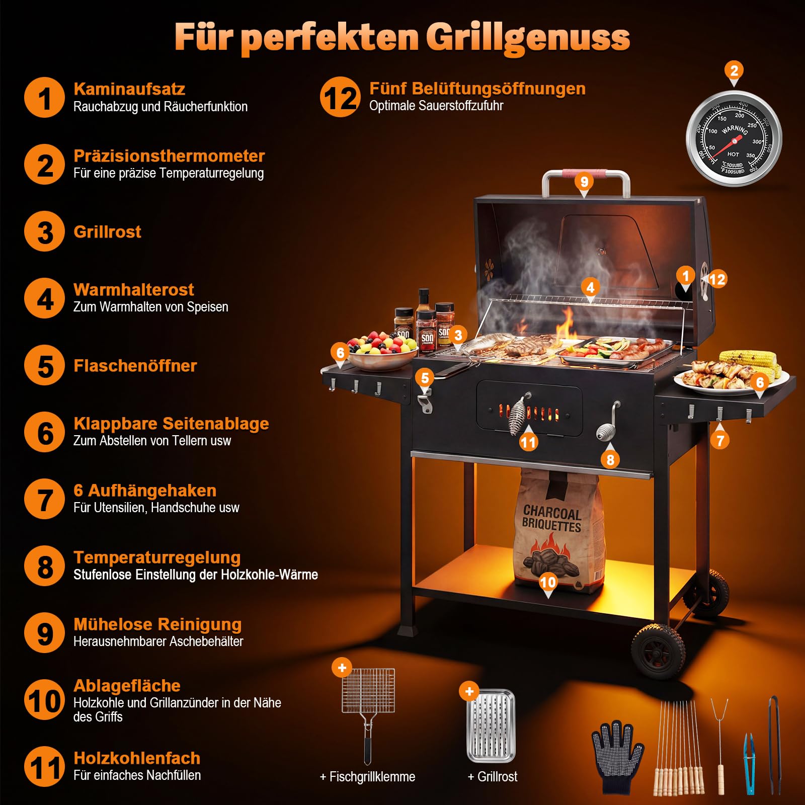 DEVOKO Parrilla de carbón XXL, barbacoas de carbón con tapa, barbacoa grande para balcón, jardín, exterior, barbacoa con parrilla de 71 × 43 cm/termómetro/pinzas para pescado/bandeja para barbacoa