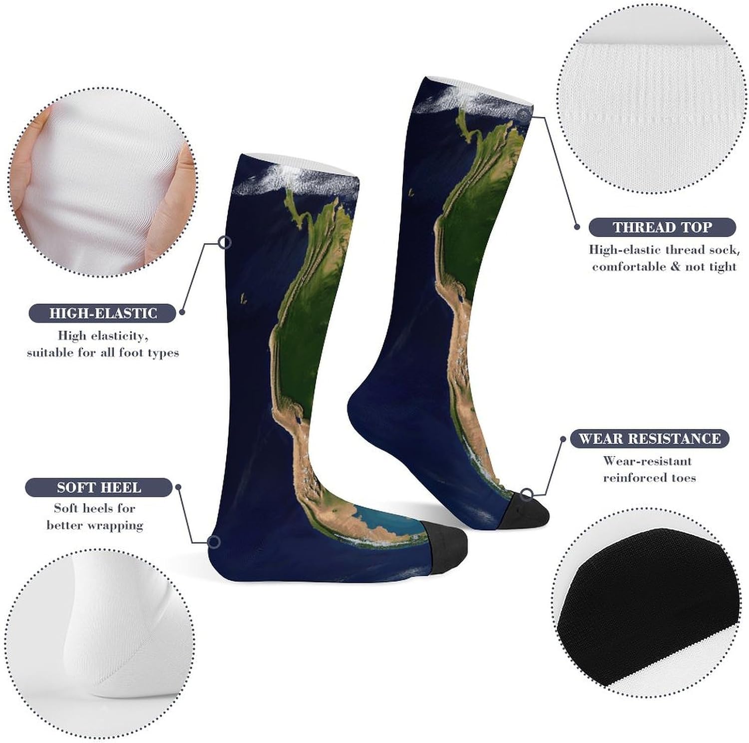 South America Satellite Image Compression Sock Circulation Support Socks Lightweight Knee High Tube Sock Over-The-Calf Sock for Adult