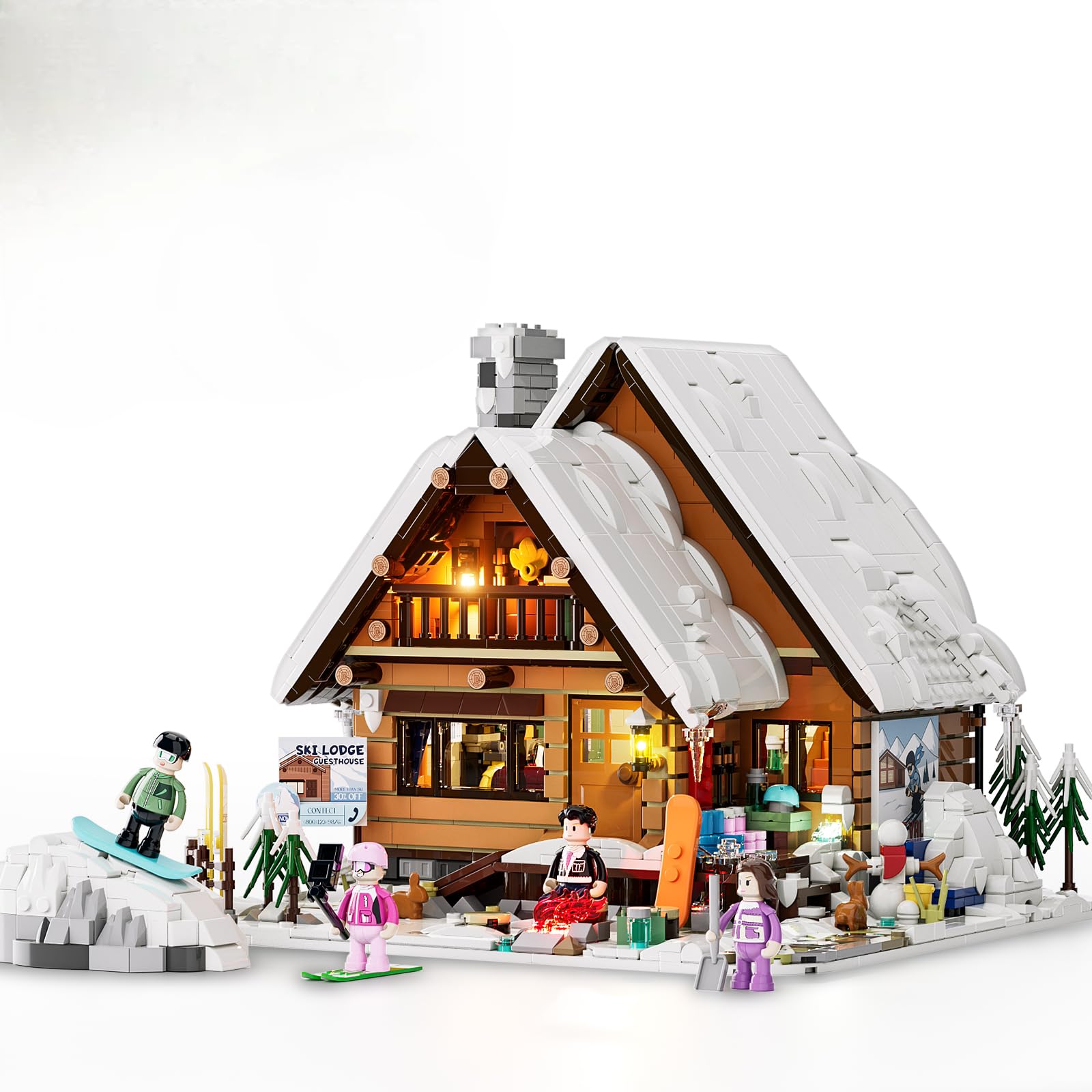 LUMIBRICKS Skihütte mit LED-Beleuchtung, 2187 Teile, Winter-Chalet-Bausatz für Erwachsene, Nordische Ferienhütte mit Kamin, Lagerfeuer, Skiszene und 4 Minifiguren