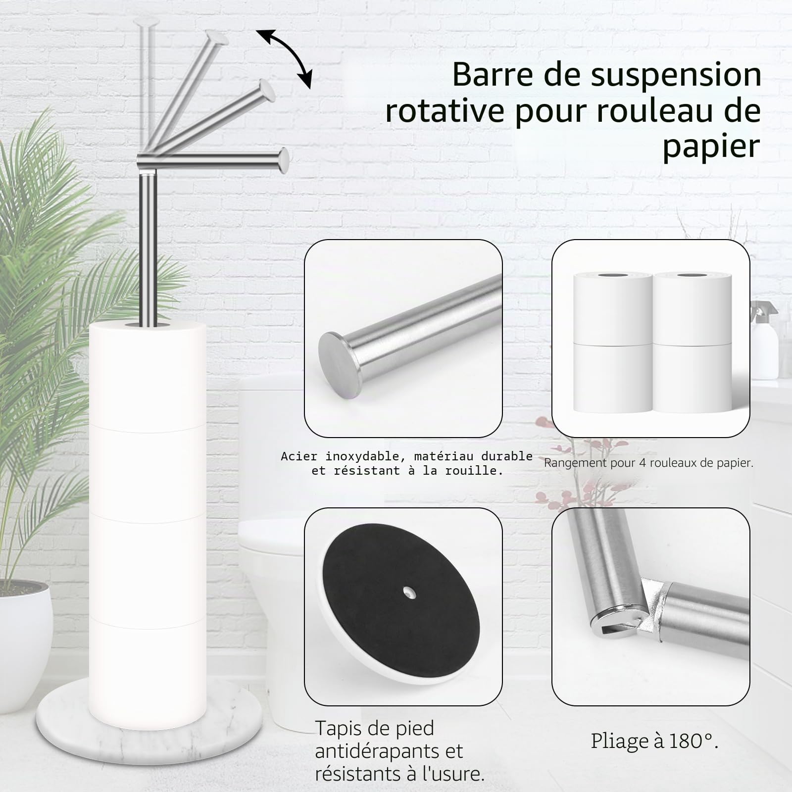 Support de Papier Toilette avec Base en marbre, Base en Pierre Naturelle, Rangement de Papier de Soie avec réserve, Espace argenté pour 4 Rouleaux de Salle de Bain/Cuisine
