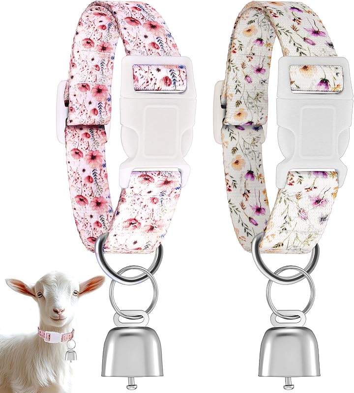 Coleira Floral Ajustável para Cabras e Cordeiros com Sino Yeyeplum, Branco e Rosa, Pacote com 2
