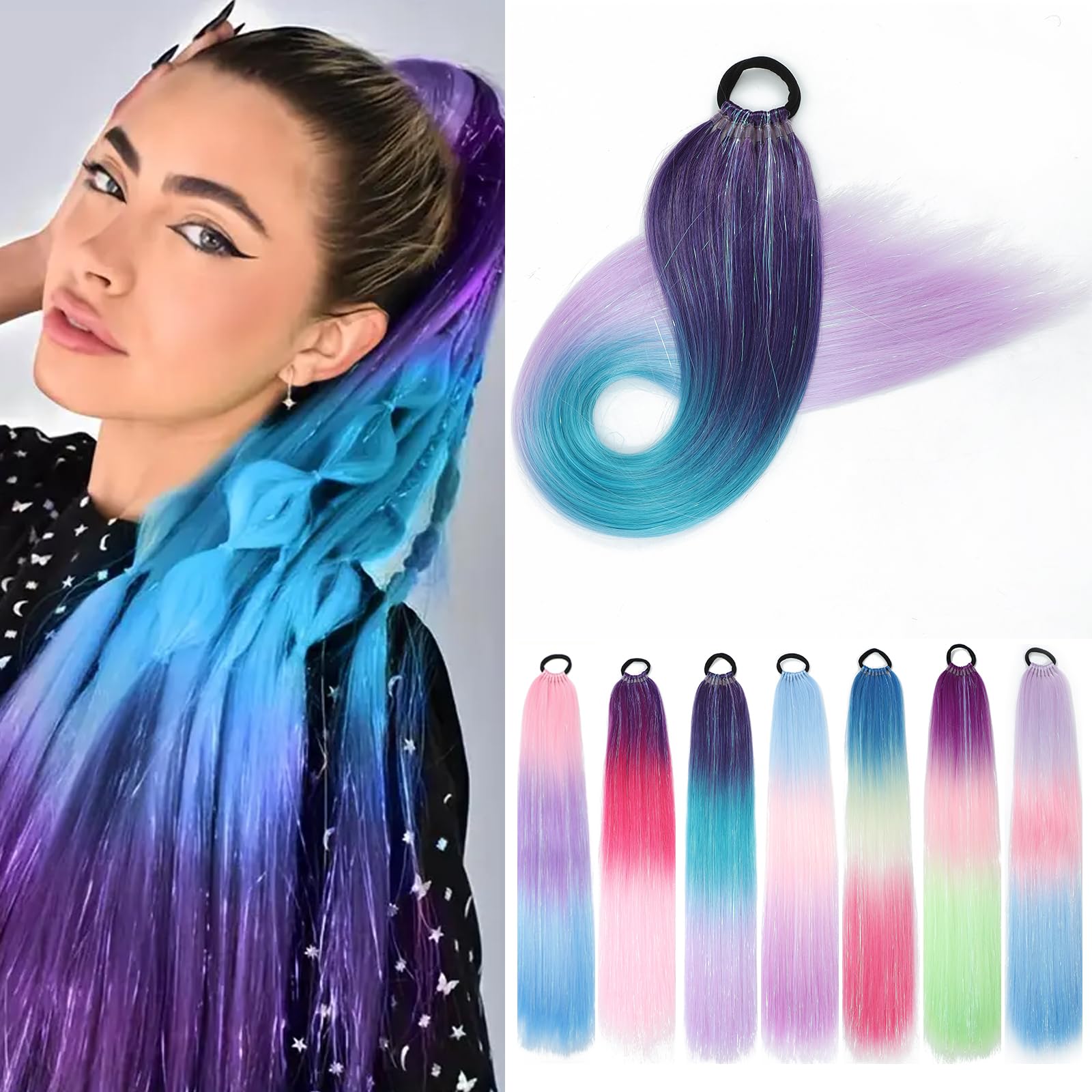 1 Packs 26 Inch Rainbow Ponytail Hair Extensions with Tinsel Hair for Jumbo Braiding Hair Extensions Soft Yaki Straight Synthetic Hair Glitter Ponytail for Girls DIY Braids (purple-blue-light purple)