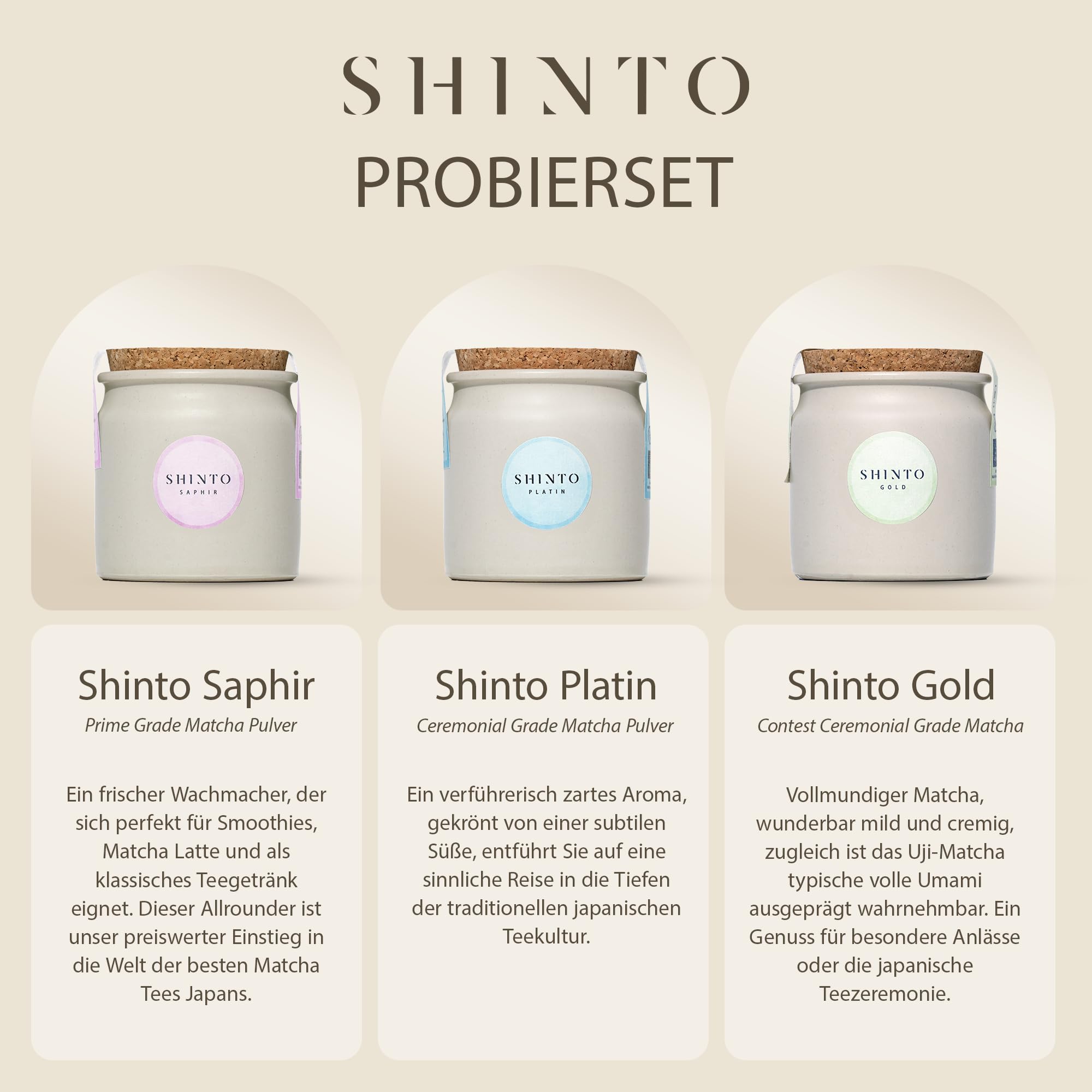 Matcha Tee Probierset von Shinto - JAS & EU BIO zertifiziert - Grün- & Schwarz-Tee Matcha Auslese - 3x30g in wiederverwendbaren Tongefäßen - Direktimport aus Uji Japan