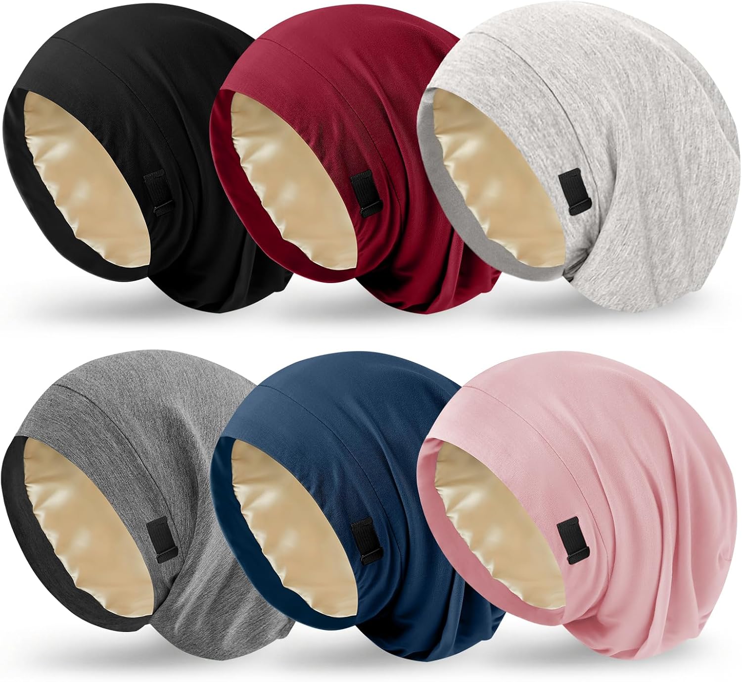 6Pcs Satin Lined Bonnet for Sleeping Women Men, Adjustable Slouchy Beanie Hat, Night Sleep Cap Hair Wrap for Curly & Natural Hair