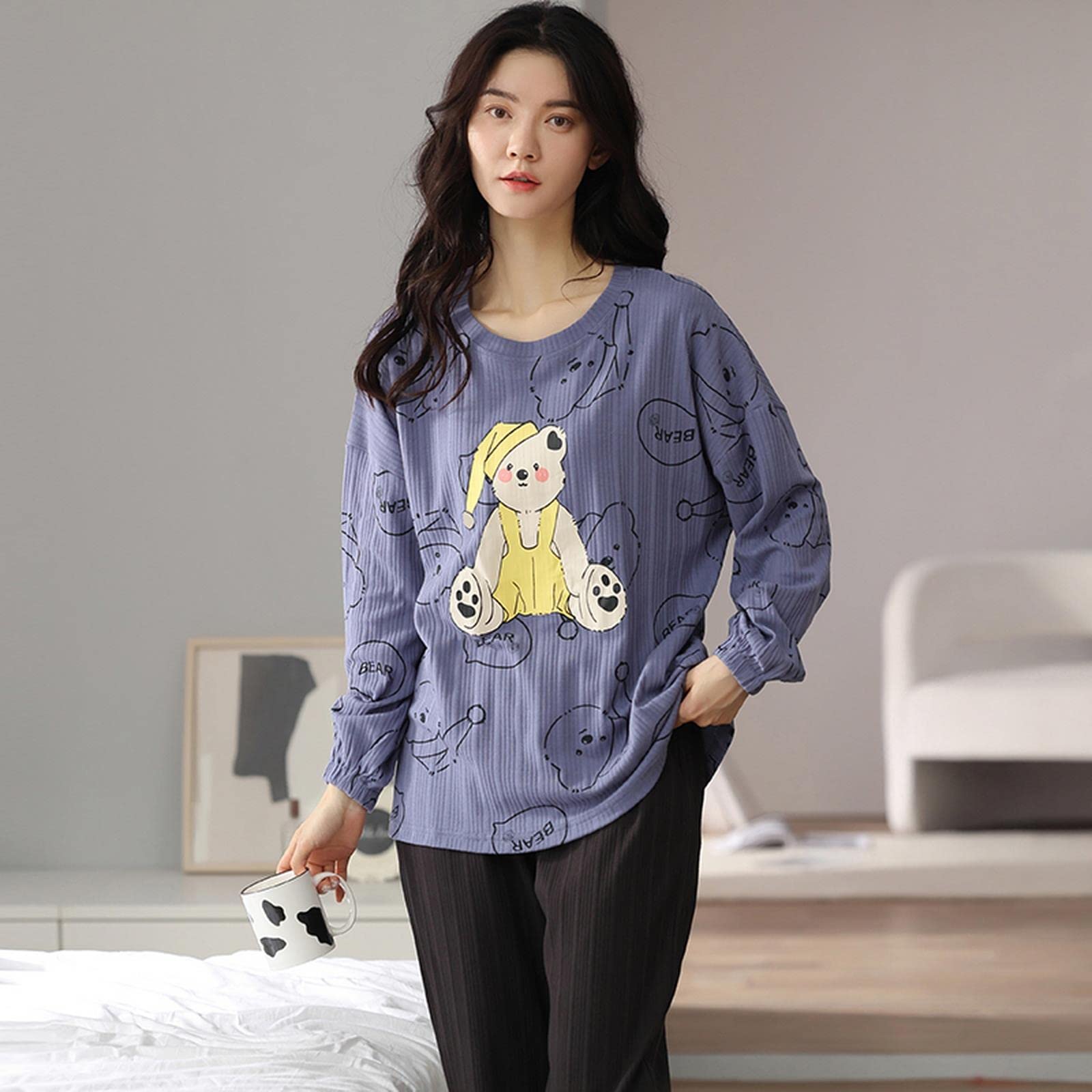 MOGSA Pijama para mujer, primavera, otoño, de algodón, elegante, floral, conjunto de ropa de dormir, pantalones a cuadros, para mujer, hogar, W10, M asiático (40-50 kg)