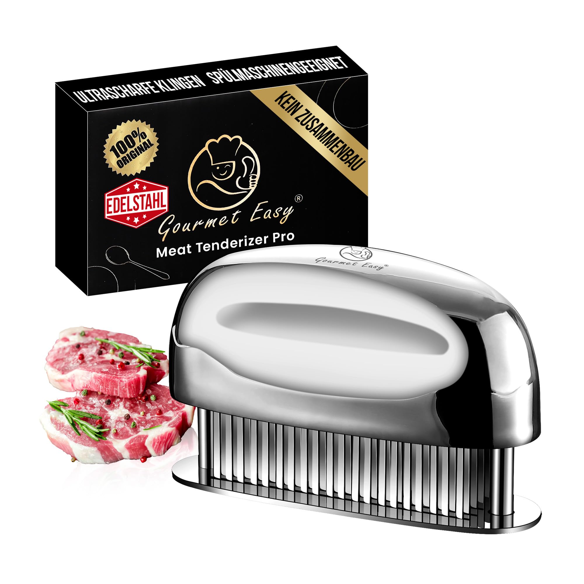 Gourmet Easy Fleischzartmacher mit ultrascharfen Klingen - Steaker Fleischzartmacher aus 100% Edelstahl - Meat Tenderizer zum zart machen von Rind/Huhn/Schwein/Kalb/Steak - spülmaschinenfest