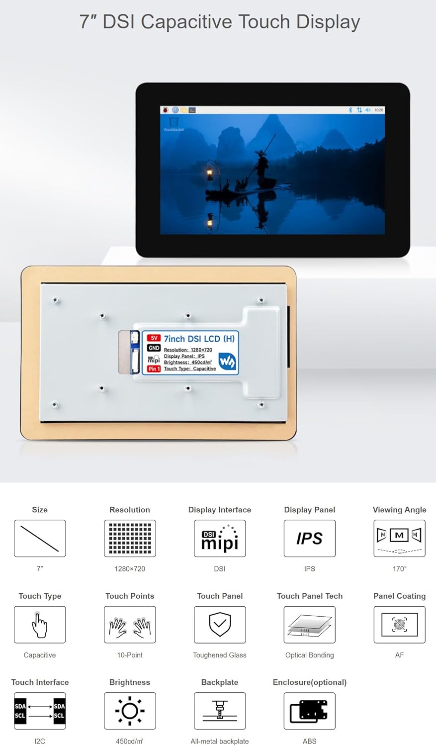 7inch DSI Capacitive Touch IPS Panel Display1280×720 Pixels, Optical Bonding Toughened Glass Panel, Anti-Fingerprint Process, with White Protection Case @XYGStudy (7inch DSI LCD (H) (with case B))