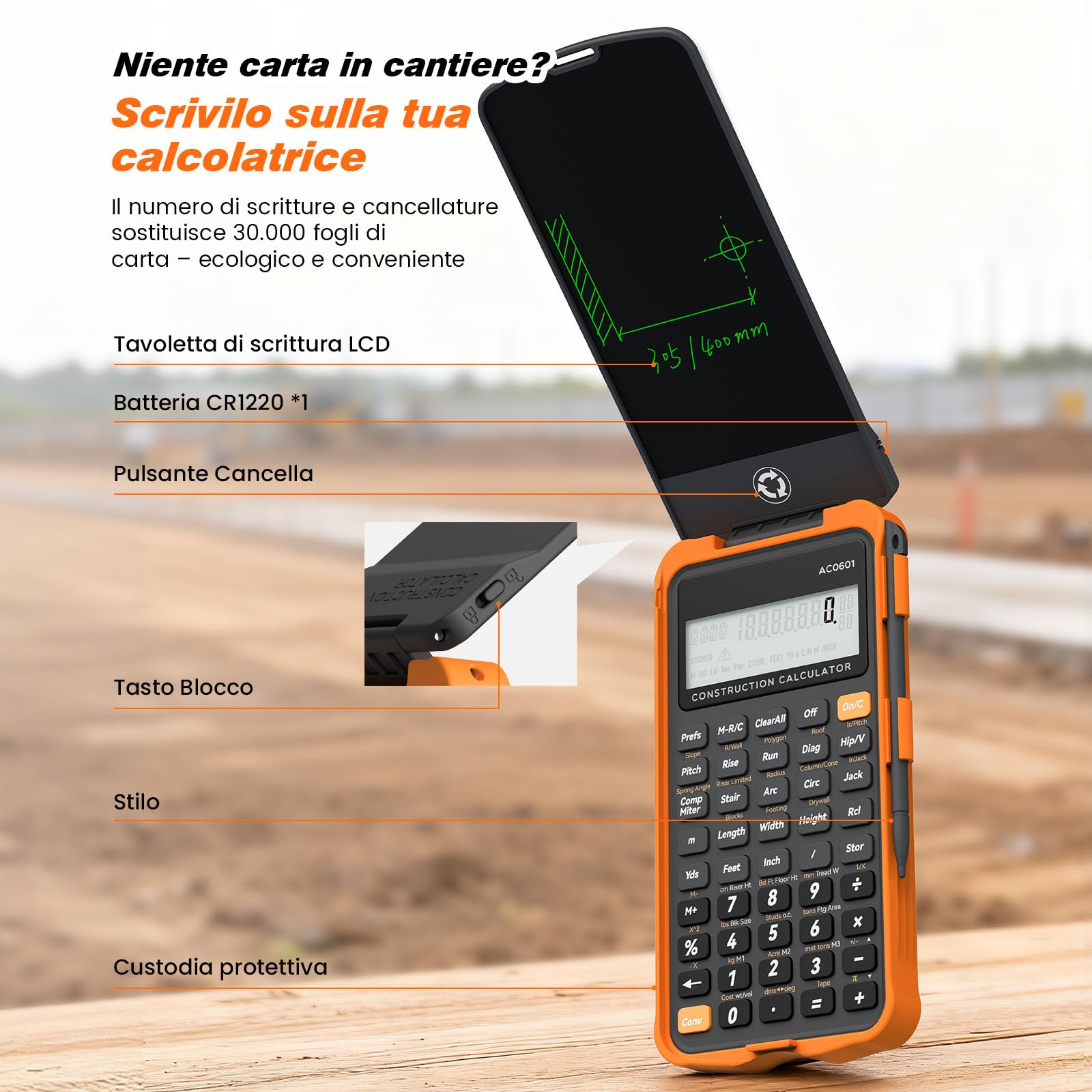 Calcolatore da Costruzione con Tavoletta per Scrittura Industriale e Scientifica ROATEE - Calcolatore per Ingegneri per Appaltatore, Calcolatori da Tasca Pollici-Piedi-Frazione per Carpentiere
