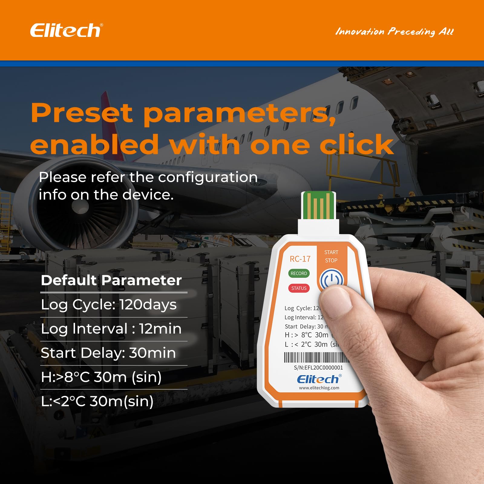 Elitech Enregistreur de Température USB à Usage Unique RC-17 5Pcs, Paramètres Réglables, Enregistrement 120 Jours pour Chaîne du Froid Aliments Médicaments, Étanche IP67, Export Auto PDF