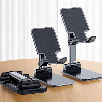 Table Cell Phone Stand, Fully Forldable Desk Mobile Phone Holder Stand, Angle Height Adjustable Desktop Tablet Holder for iPhone15 14 13 12 11 Pro XS Max XR 8 7 6S Plus, S20+Note10, Tablets, Black